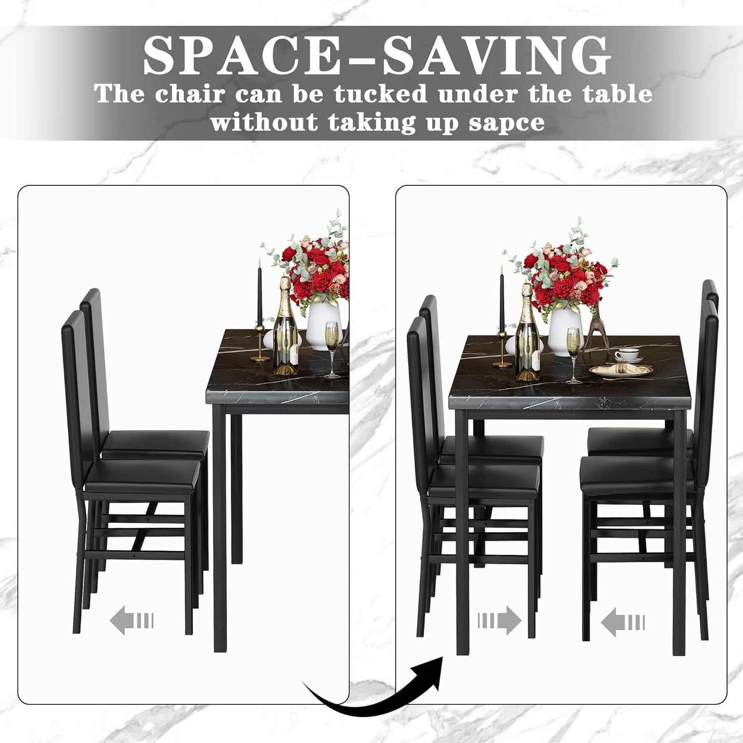 5 Piece Modern Dining Table Set with Faux Marble Tabletop and 4 PU Leather Upholstered Chairs
