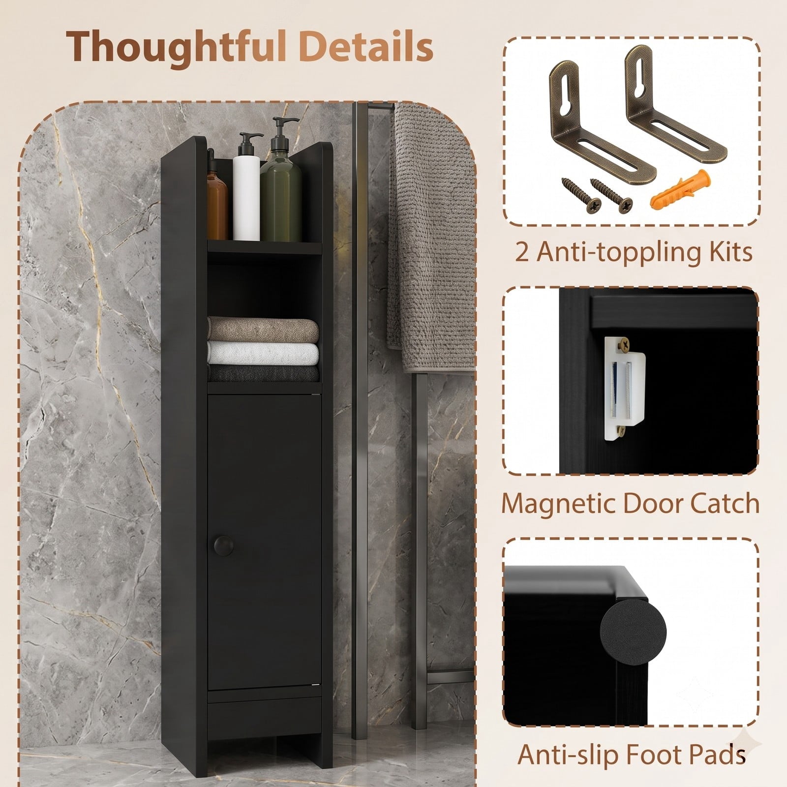 Fenbeli Slim Bathroom Corner Storage Cabinet, Freestanding Floor Cabinet with Door, Adjustable 3-Tier Shelf and Anti-Tipping Kit for Bathroom Laundry Room, Black