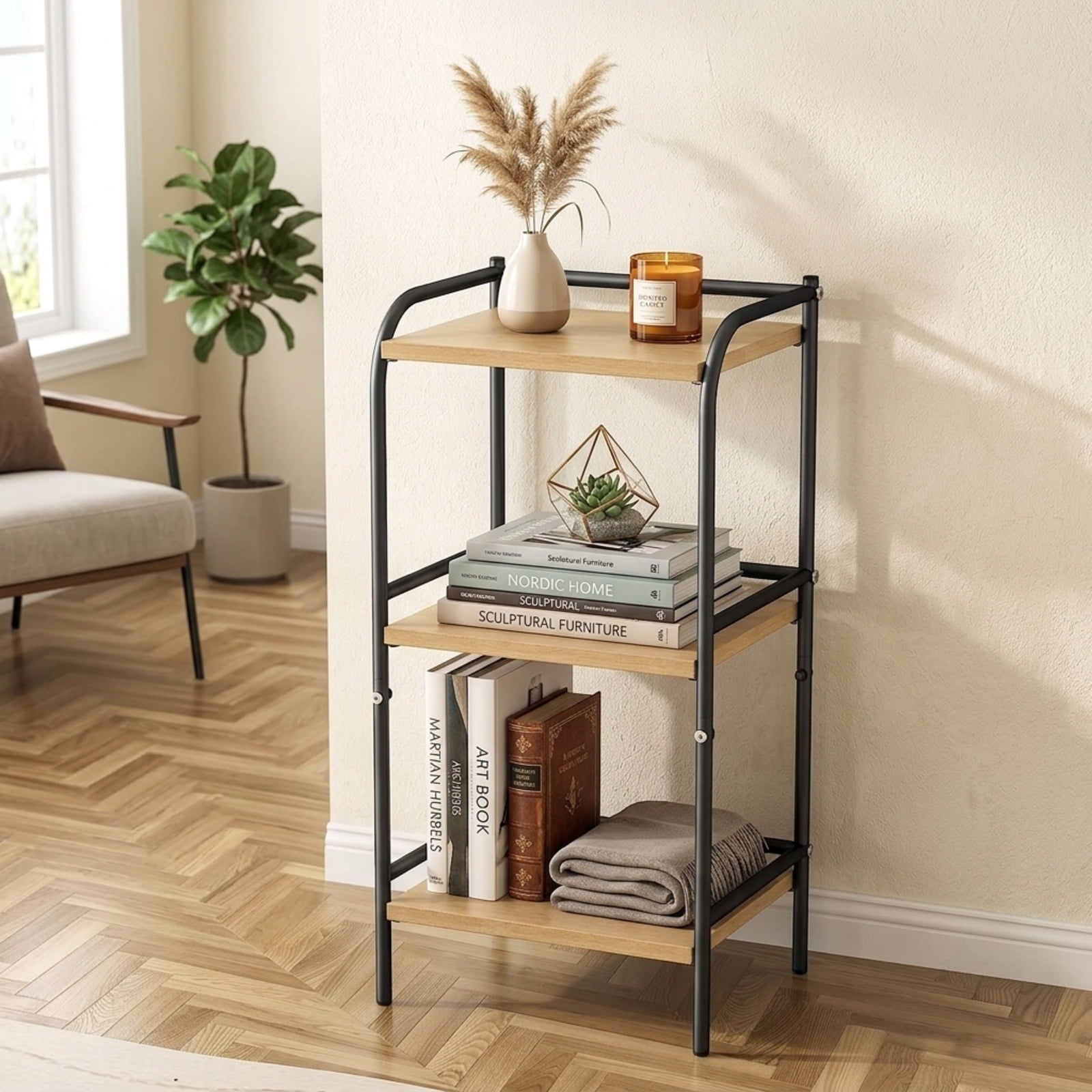 Furnibear 3-Tier Rustic Wood & Metal Bookshelf, Small Office Shelf & Storage Rack for Living Room, Kitchen