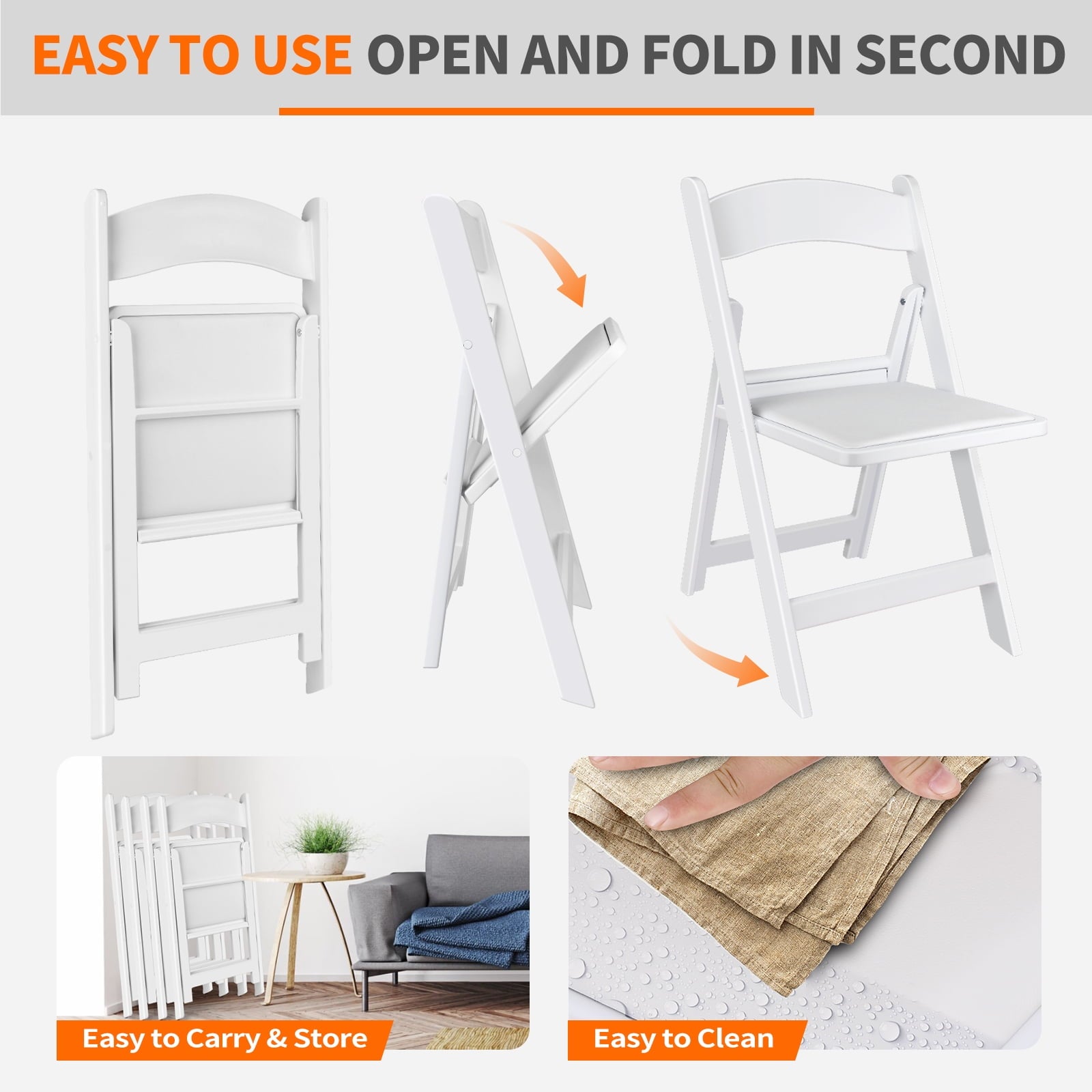 Fenbeli 4 Pack White Resin Folding Chairs with Padded Seats - Indoor/Outdoor Folding Chairs for Events Lightweight Foldable Chairs