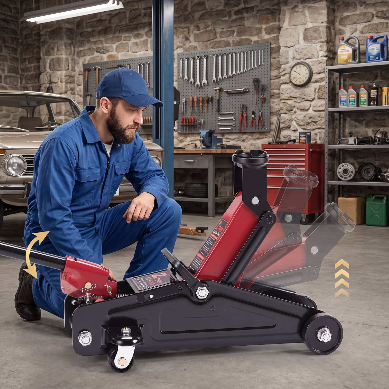 Fenbeli 2 Ton Low Profile Hydraulic Floor Jack, 4000 lb Quick Lift Steel Trolley Jack for Sedans, Small SUVs, Golf Carts and Lawn Mowers, Red and Black