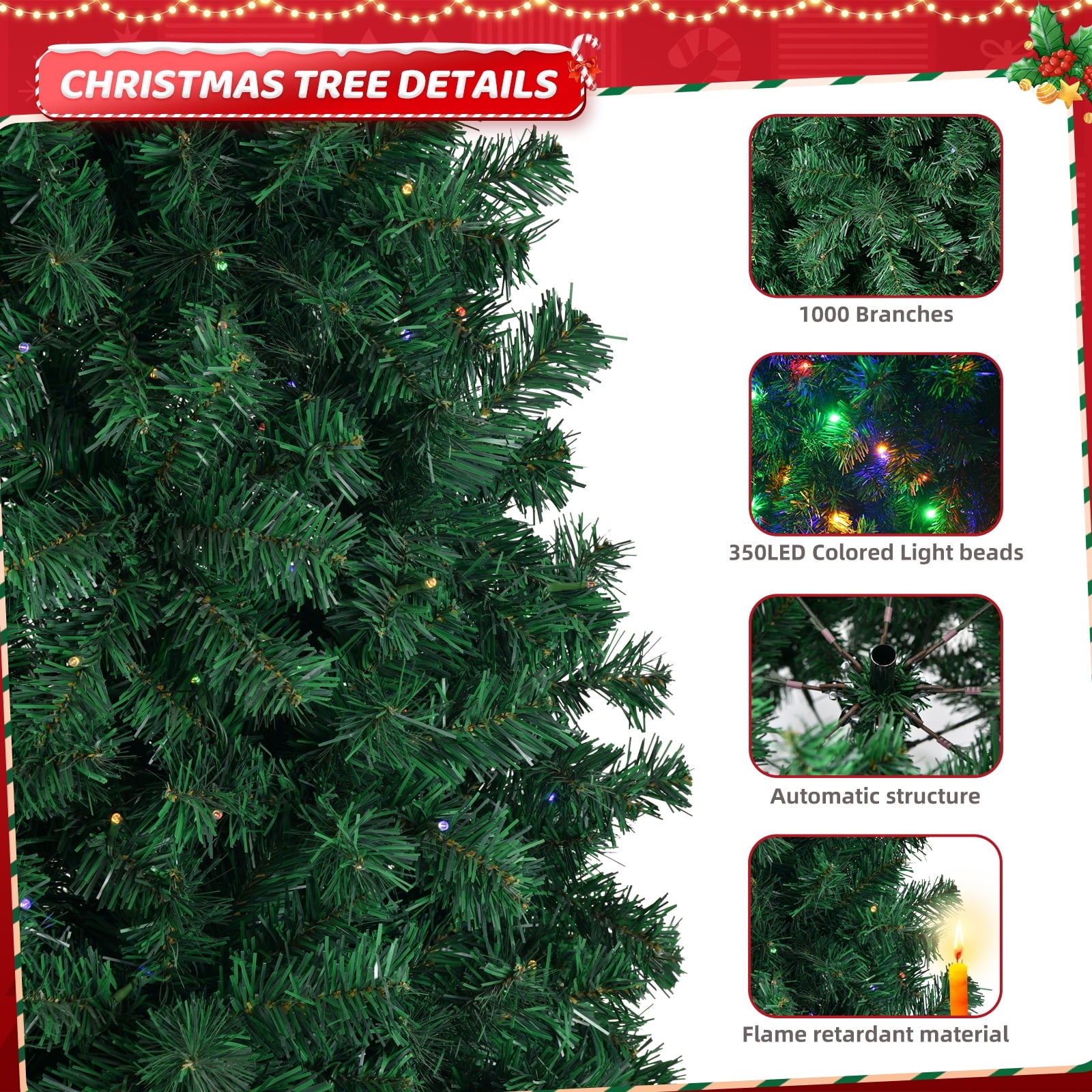 Fenbeli 6ft Pre-Lit Artificial Christmas Tree with 250 Multicolored LED Lights, Indoor Outdoor Green