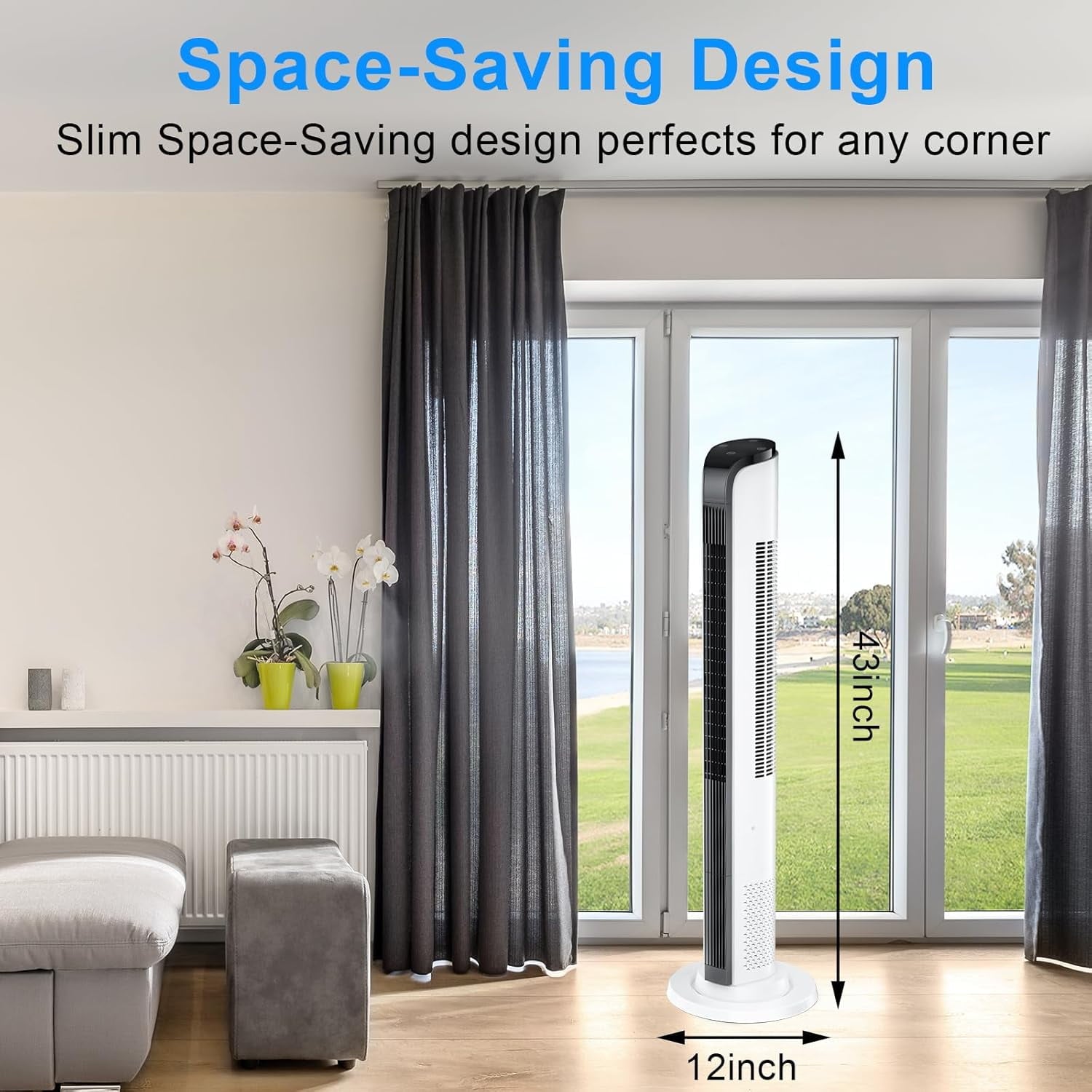 43in Tower Fan for Home, 12H Timer Standing Fan with Remote, 75¡ã Oscillating Cooling Fan with 3 Wind Modes and 3 Wind Speeds, White