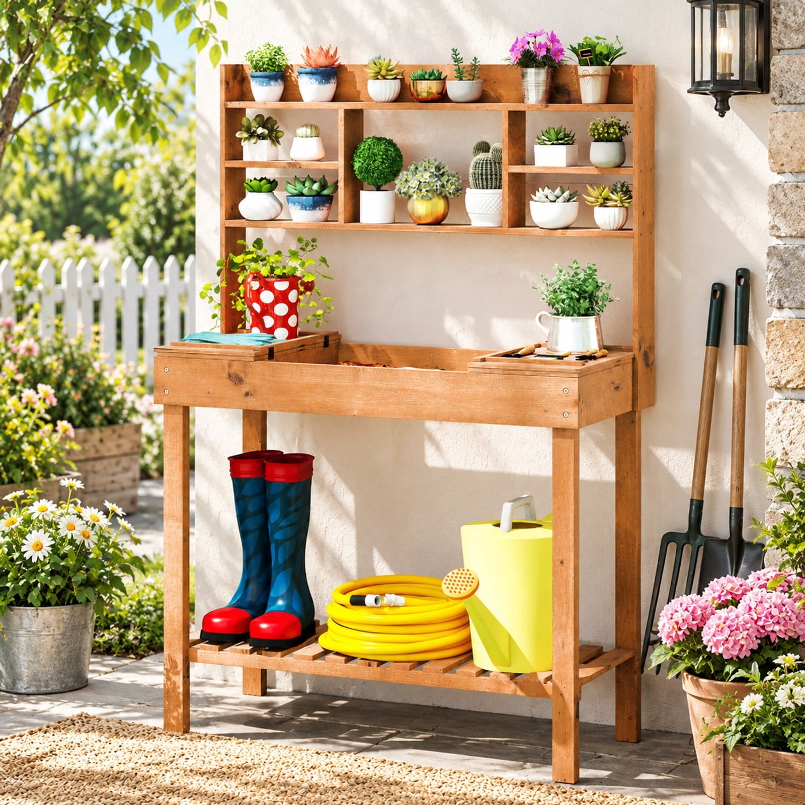 Fenbeli Wooden Potting Bench Table Garden Planting Workstation with 3-Tier Open Shelf, Upper Shelf 22 lbs Capacity, Fir Wood Frame, Brown