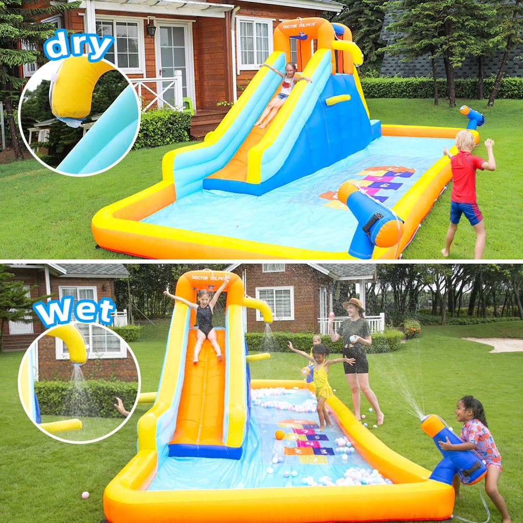 Fenbeli Inflatable Water Slide with Spray Pool, 2 Water Guns, Climbing Wall, Basketball Hoop, and Inflatable Bounce House with 450W Blower