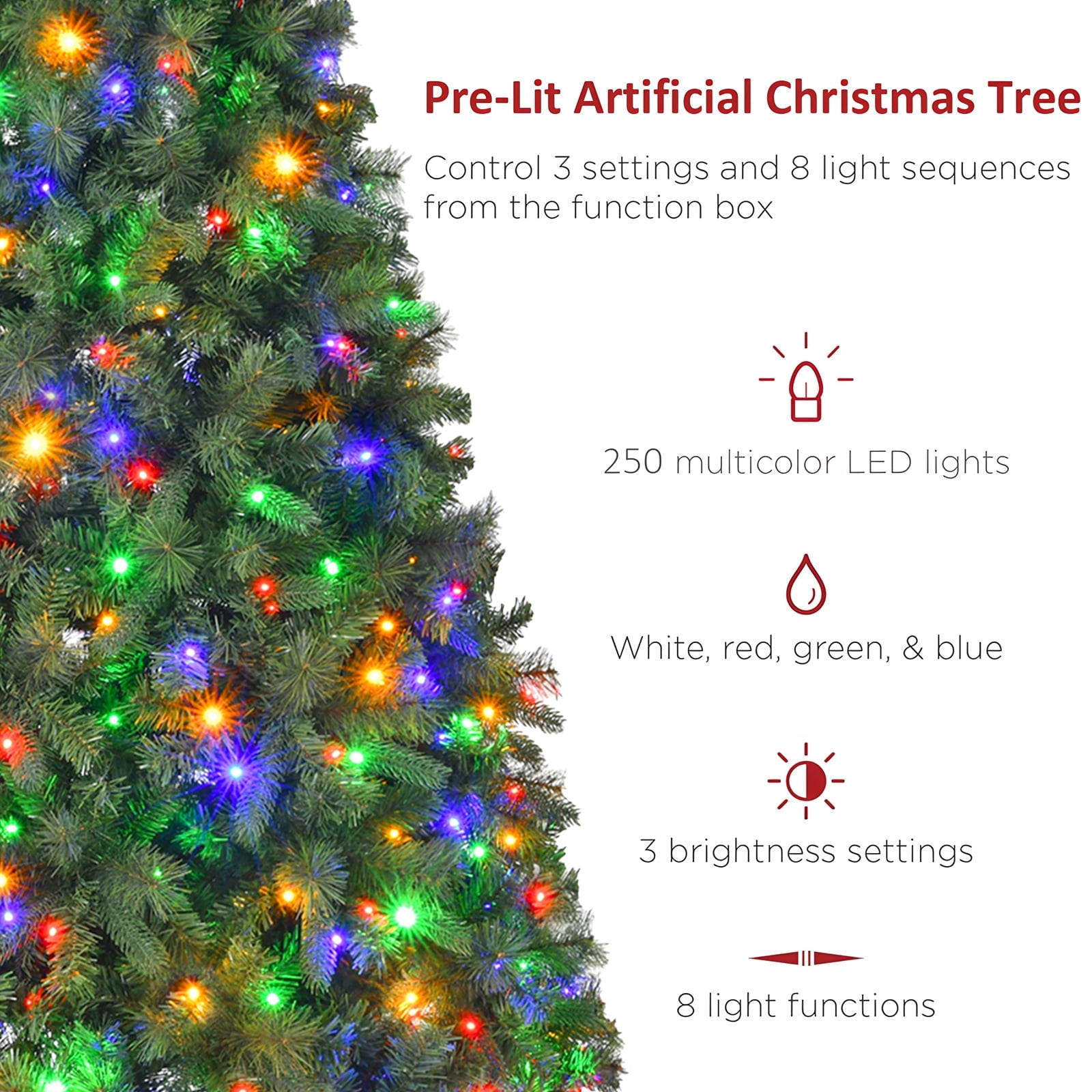Fenbeli 6ft Pre-Lit Artificial Christmas Tree with 250 Multicolored LED Lights, 8 Sequences, Green