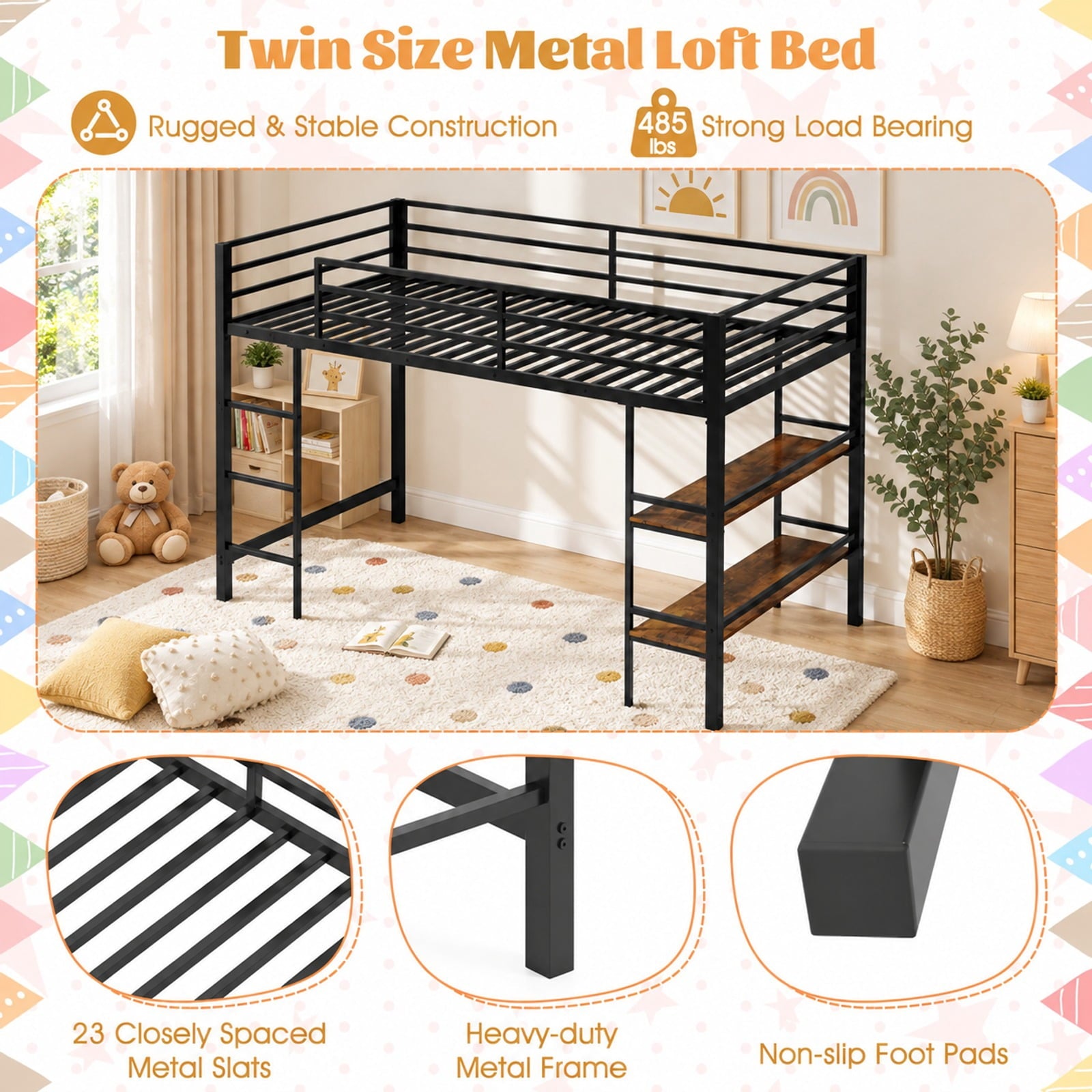 Fenbeli Twin Size Low Loft Bed with Ladder and Storage Shelves Metal Frame for Boys Girls, 485 lbs Capacity, Metal Engineered Wood Frame, Black