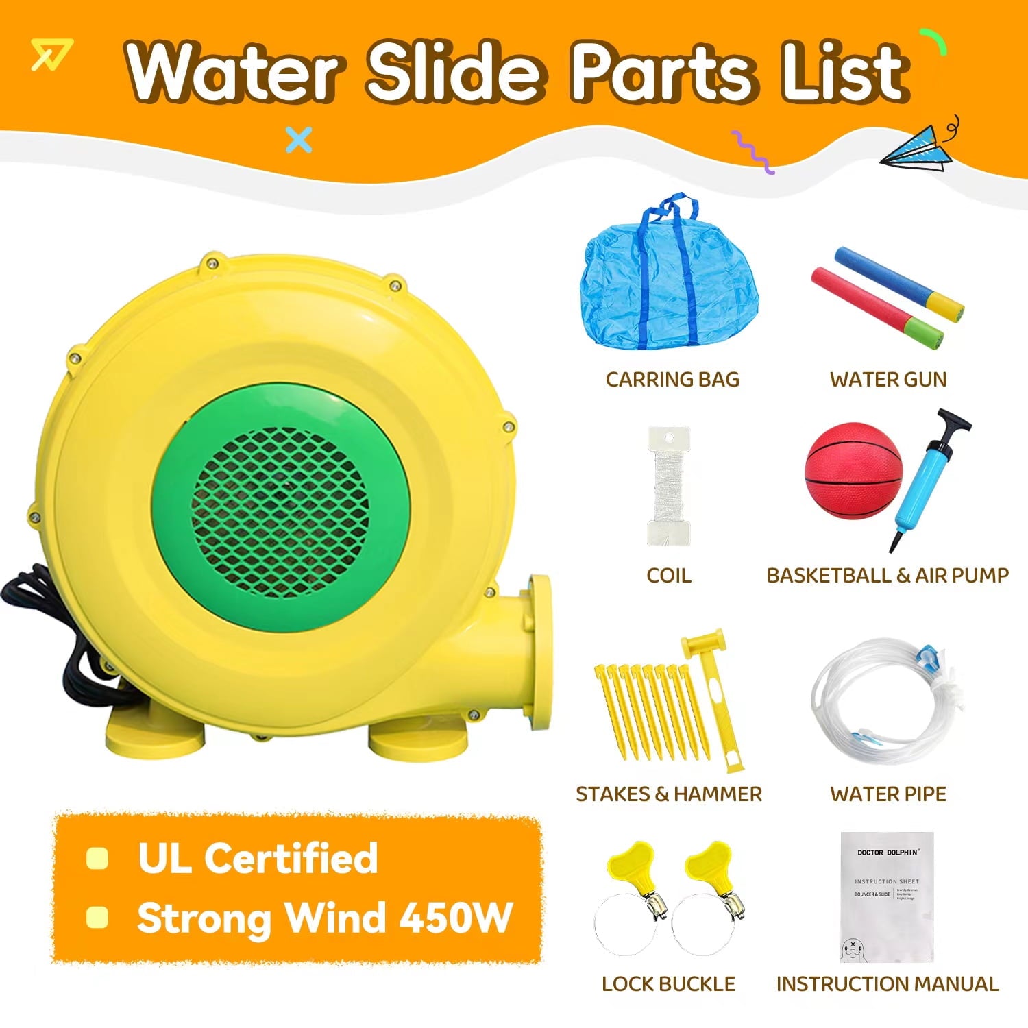 Fenbeli Inflatable Water Slide with Spray Pool, 2 Water Guns, Climbing Wall, Basketball Hoop, and Inflatable Bounce House with 450W Blower