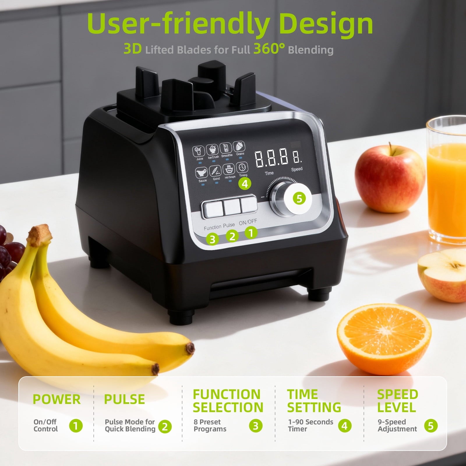 Fenbeli Blender for Kitchen,70oz 1400W Professional Blender,9-Speed Control, 8 Preset Programs for Smoothies,Make Soups, Jams, Frozen Fruit