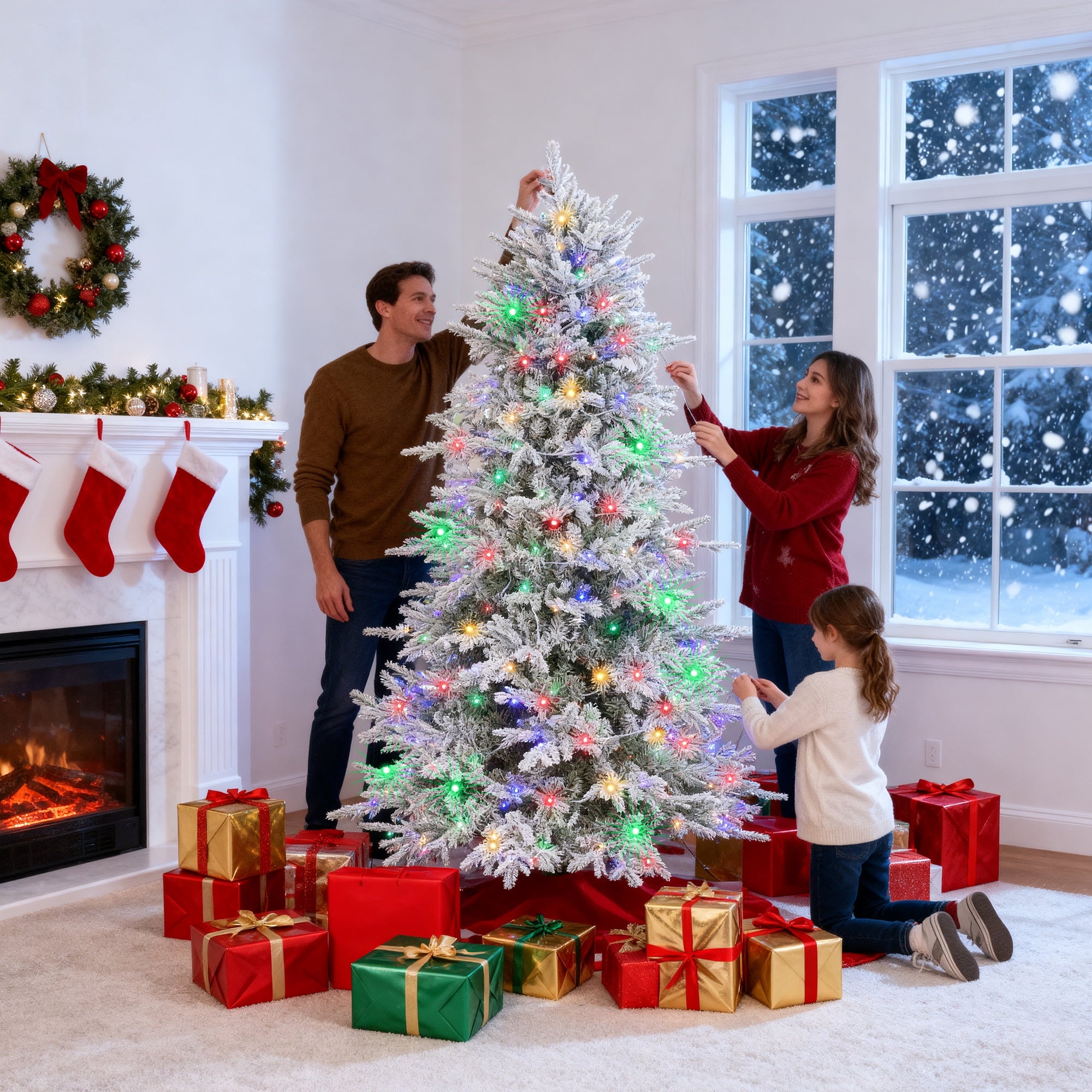 Fenbeli 6ft Prelit Christmas Tree with Lights Artificial Christmas Tree with Colorful LED Lights Hinged Branches Metal Stand