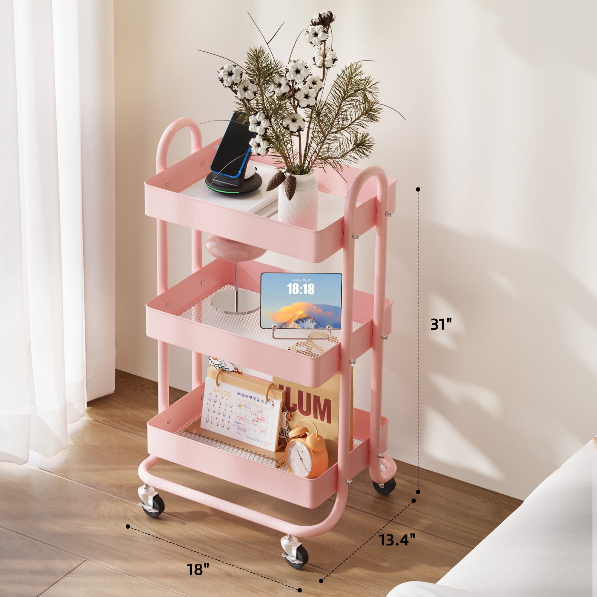 Fenbeli 3-Tier Metal Rolling Utility Cart with Wheels, pink, 18L x 13.4W x 31H