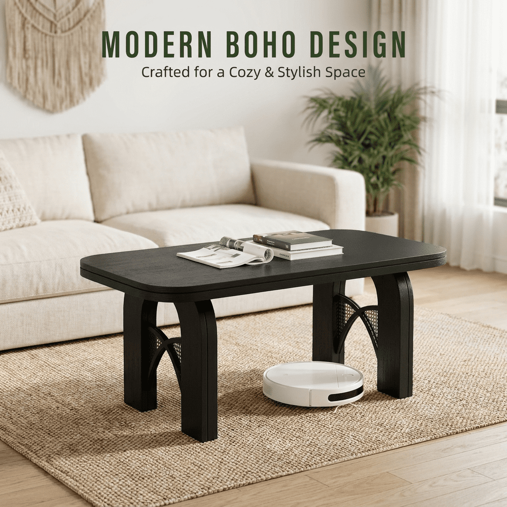 Furnibear Boho Coffee Table for Living Room with Woven Cane and Arched Wood Legs for Living Room,Black
