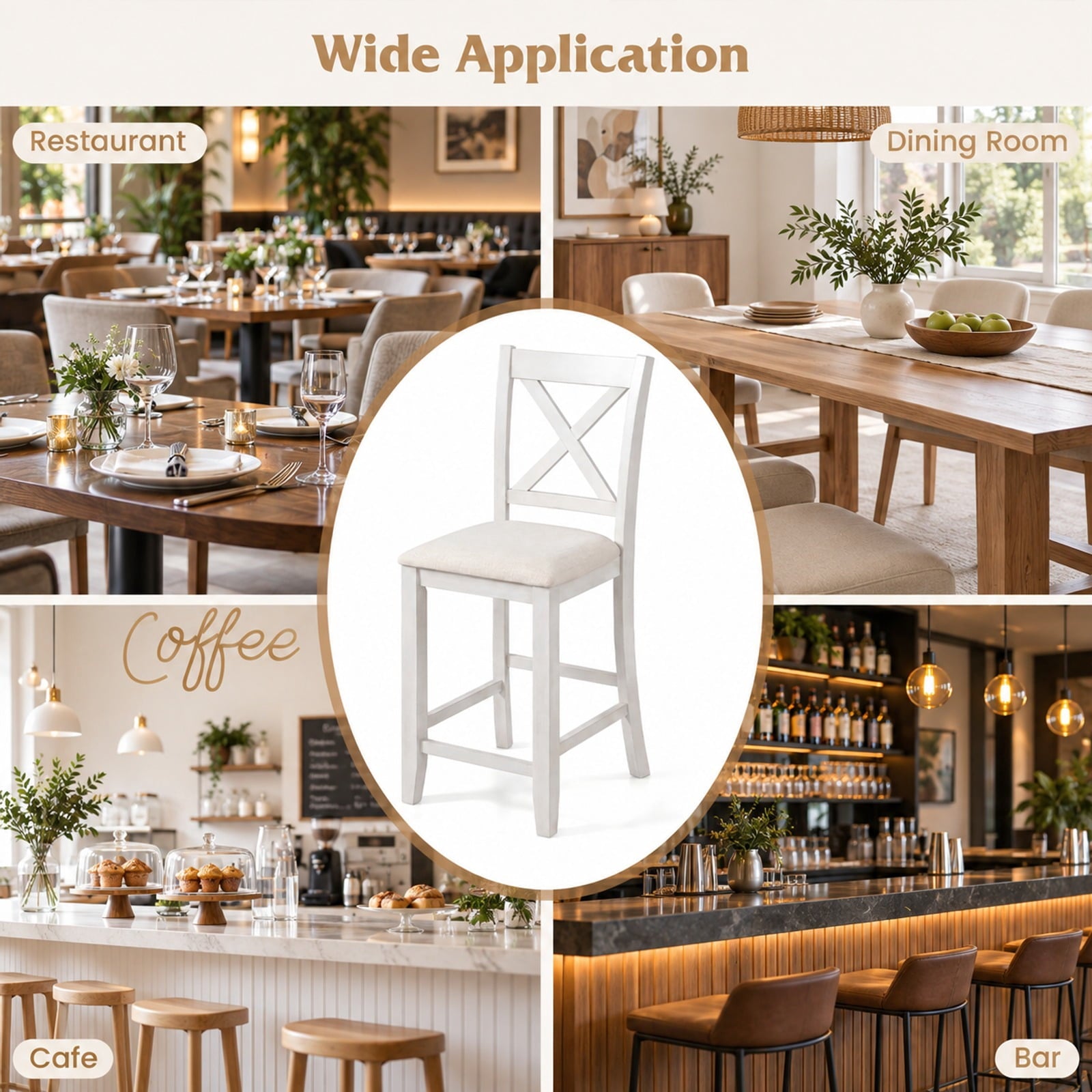 Fenbeli Modern Farmhouse Counter Height Stools with Footrest and Cushion, 330 lbs Capacity, Rubber MDF Linen Sponge Frame, White