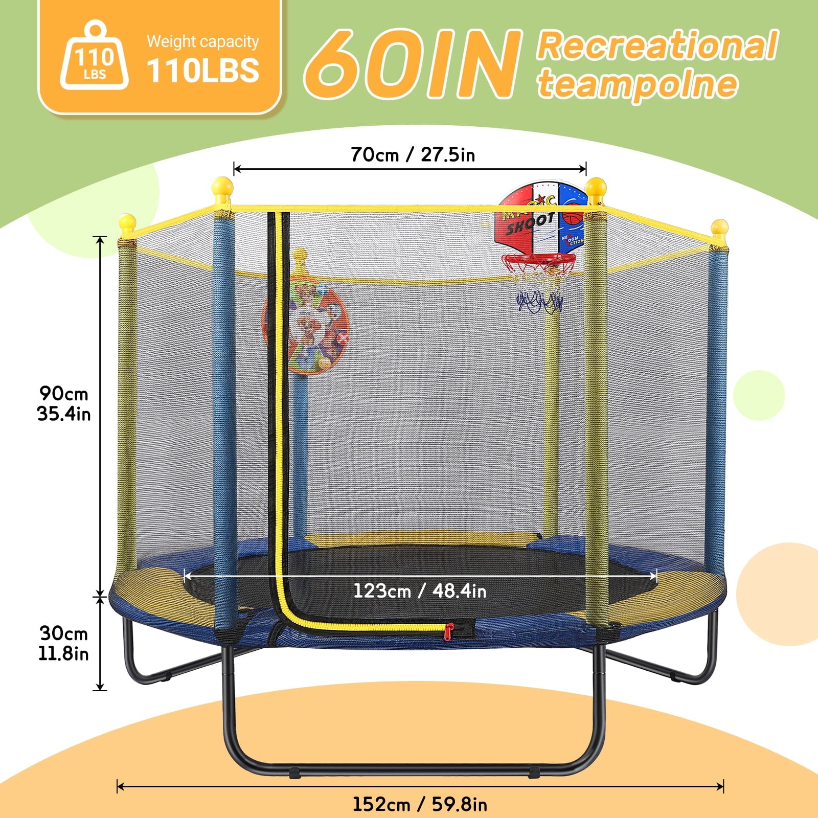 Fenbeli 60in Kids Trampoline with Safety Net, Basketball Hoop Dartboard, Indoor Outdoor Toddler Trampoline for Ages 1-8