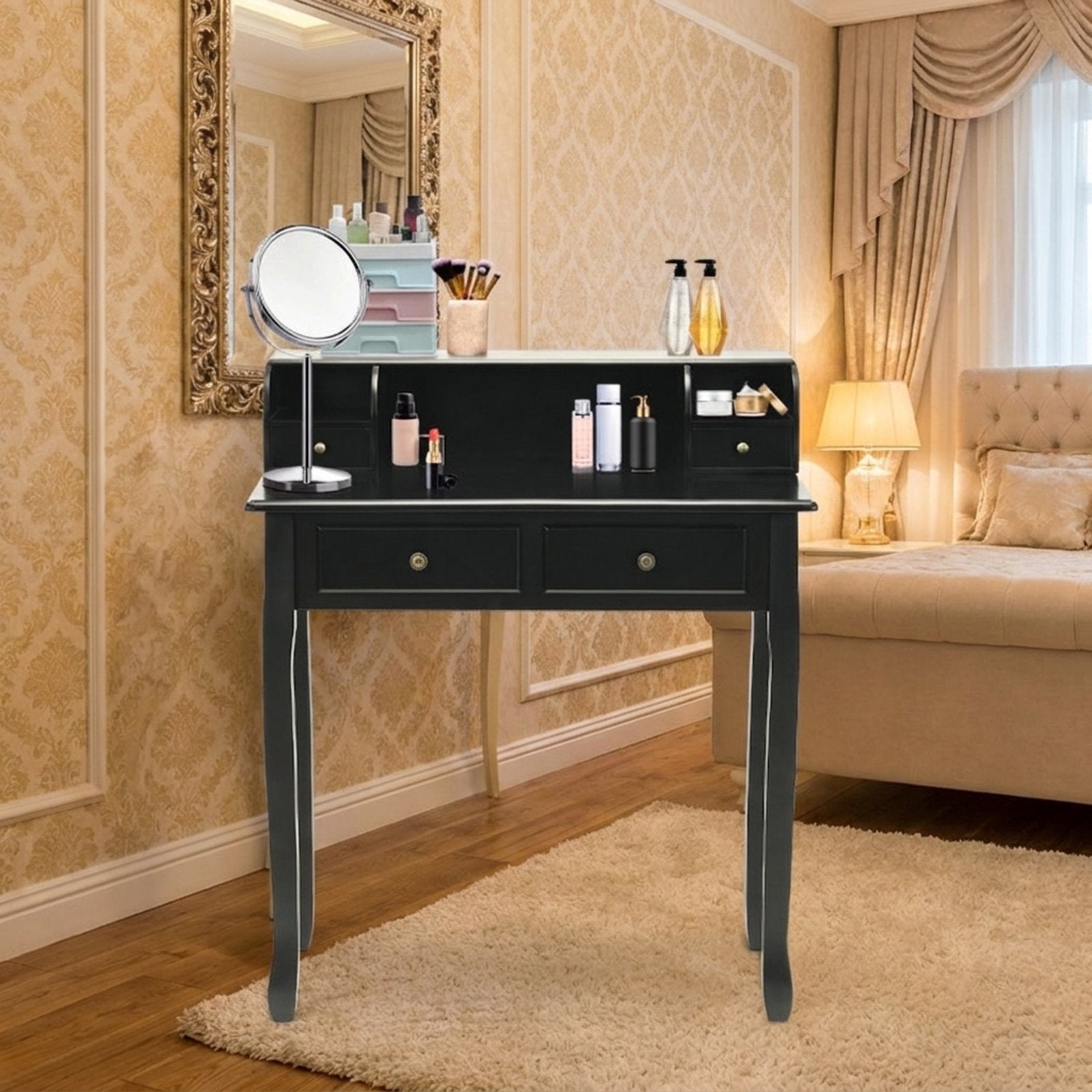 Furnibear 2-Tier Writing Desk with Storage, Vanity and Sewing Desk with 4 Drawers, Computer Desk for Bedroom, Black