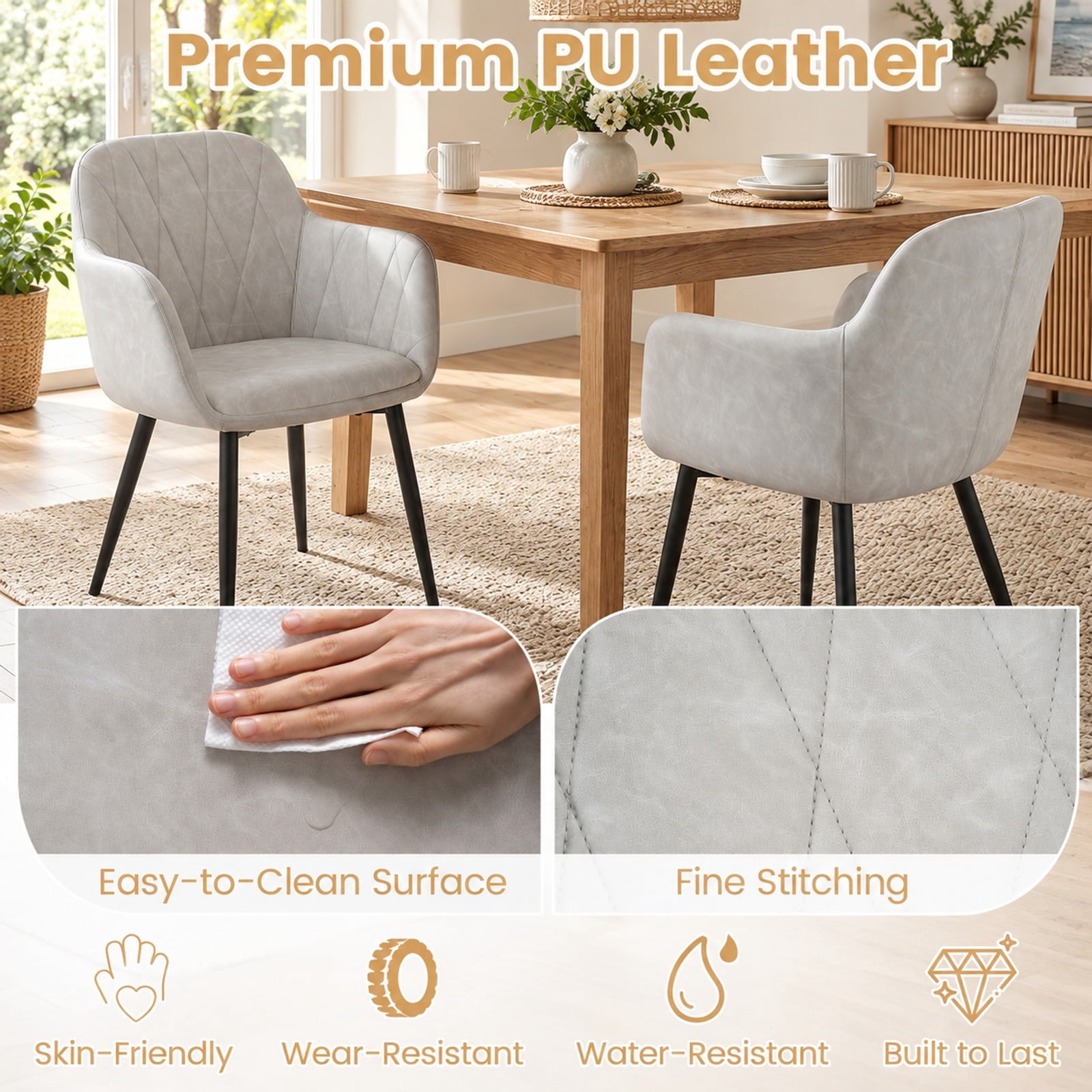 Fenbeli Upholstered PU Leather Kitchen Chairs Set of 2 with Curved Back and Wide Seat, Chair 396 lbs Total Capacity, PU Leather Metal Sponge Frame