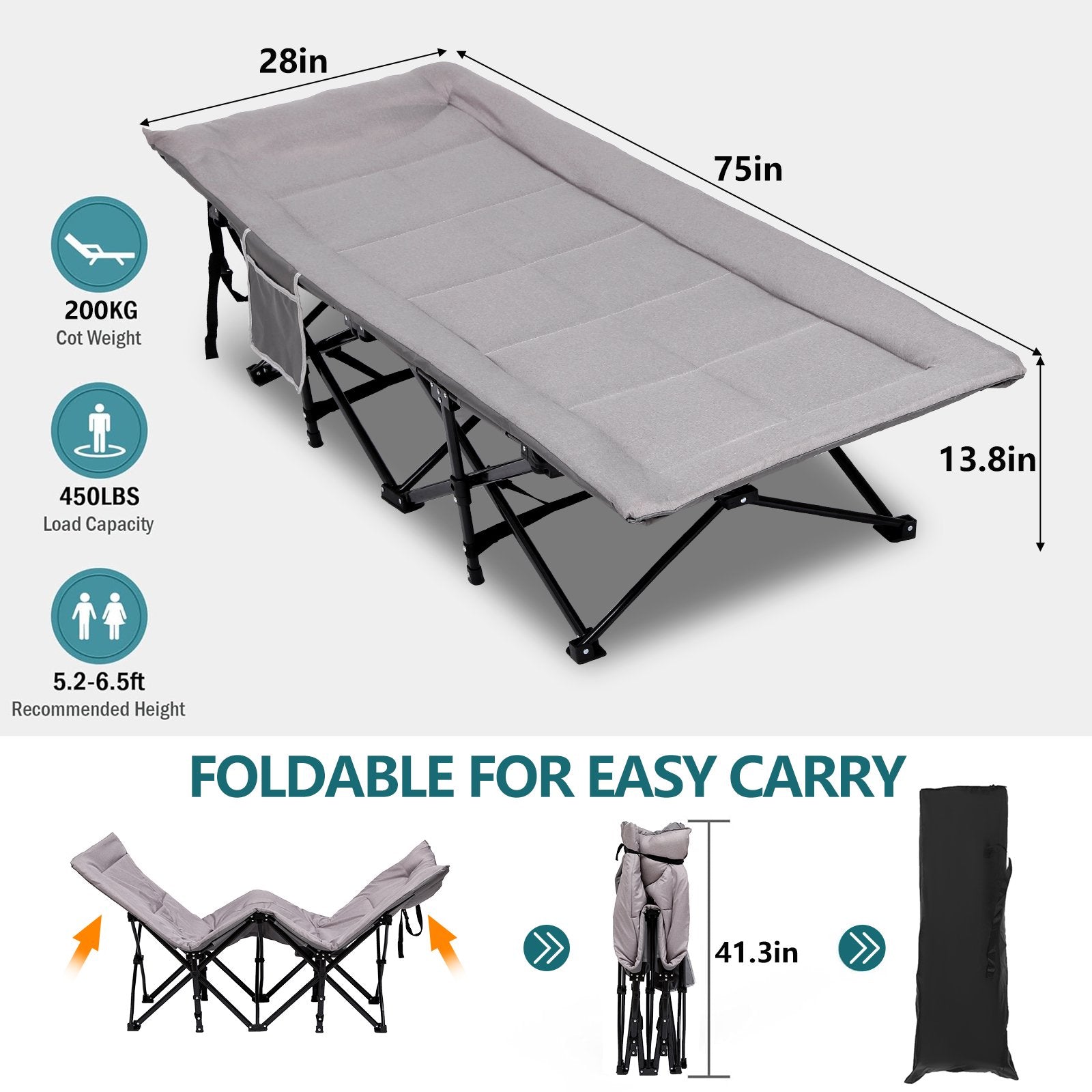 Folding Camping Cot for Adults, Padded Camp Cots for Sleeping Portable Camping Bed for Outdoor Travel Folding Cot Heavy Duty with Carry Bag