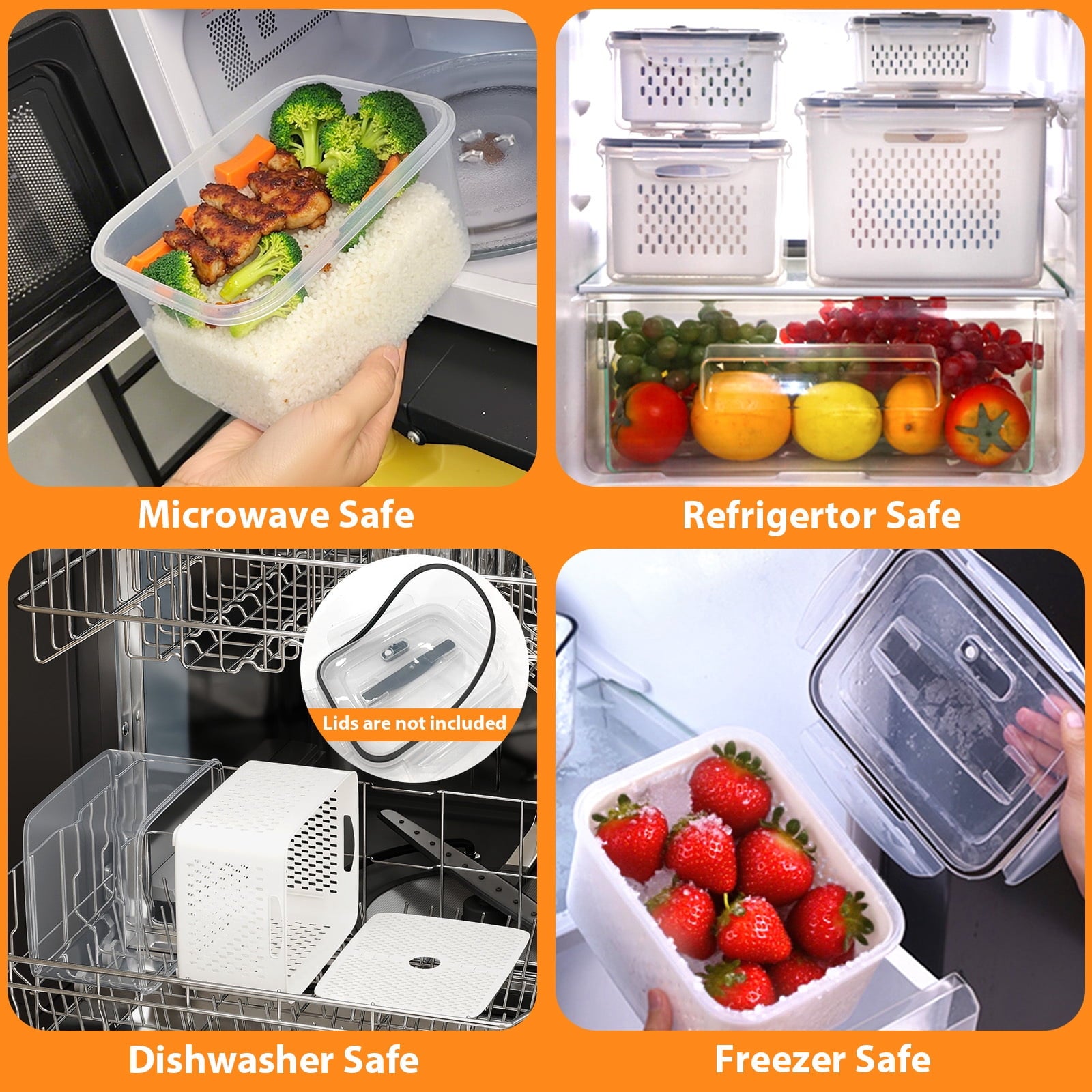 Fenbeli Fruit Vegetable Storage Containers for Fridge, 6 Pack Produce Saver with Lids and Removable Colander, BPA-Free Airtight Fresh Keeper with Adjustable Vent and Divider, Refrigerator Organizer Set
