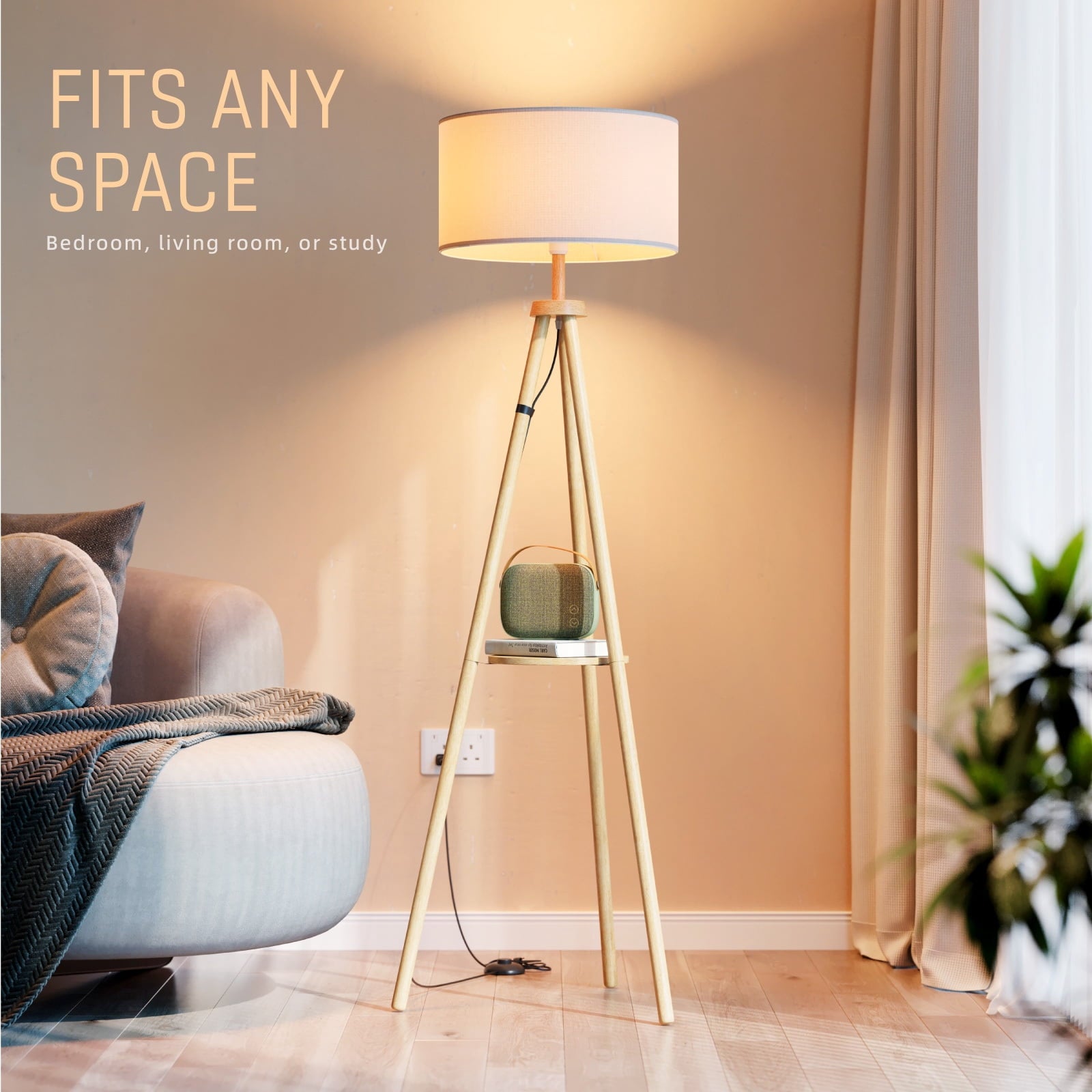 Fenbeli Tripod Floor Lamp with Shelf, 59 Wood Standing Lamp with Remote and APP, Dimmable 3 Color Temperature RGB LED Bulb Included, Linen Shade for Living Room Bedroom, Natural