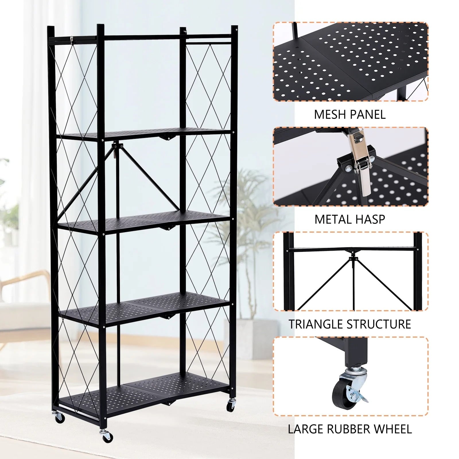 Fenbeli Foldable 5-Tier Storage Shelf with Wheels Metal Rack Collapsible Shelving Unit Display, Rolling Cartfor Garage, Pantry, Office ,Black