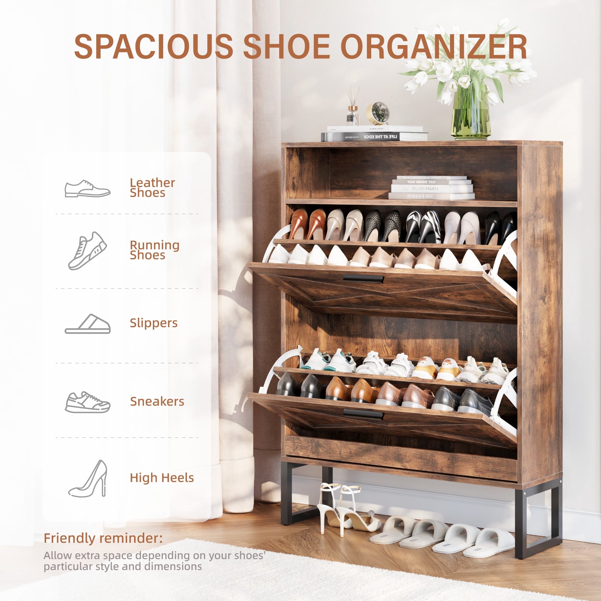Furnibear Shoe Cabinet with Flip Door Shoe Storage and Adjustable Shelves for Entryway and Closet, Burnt Wood