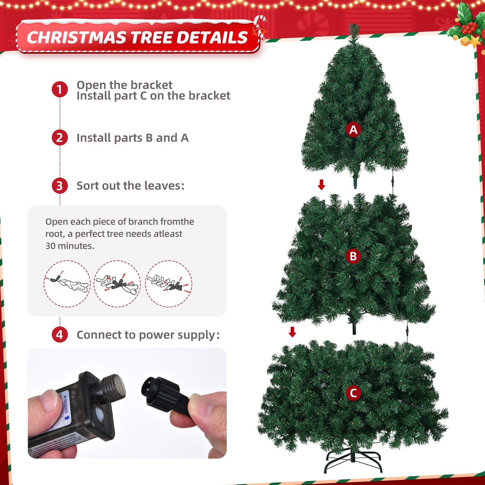 Fenbeli 6ft Pre-Lit Artificial Christmas Tree with 250 Multicolored LED Lights, Indoor Outdoor Green