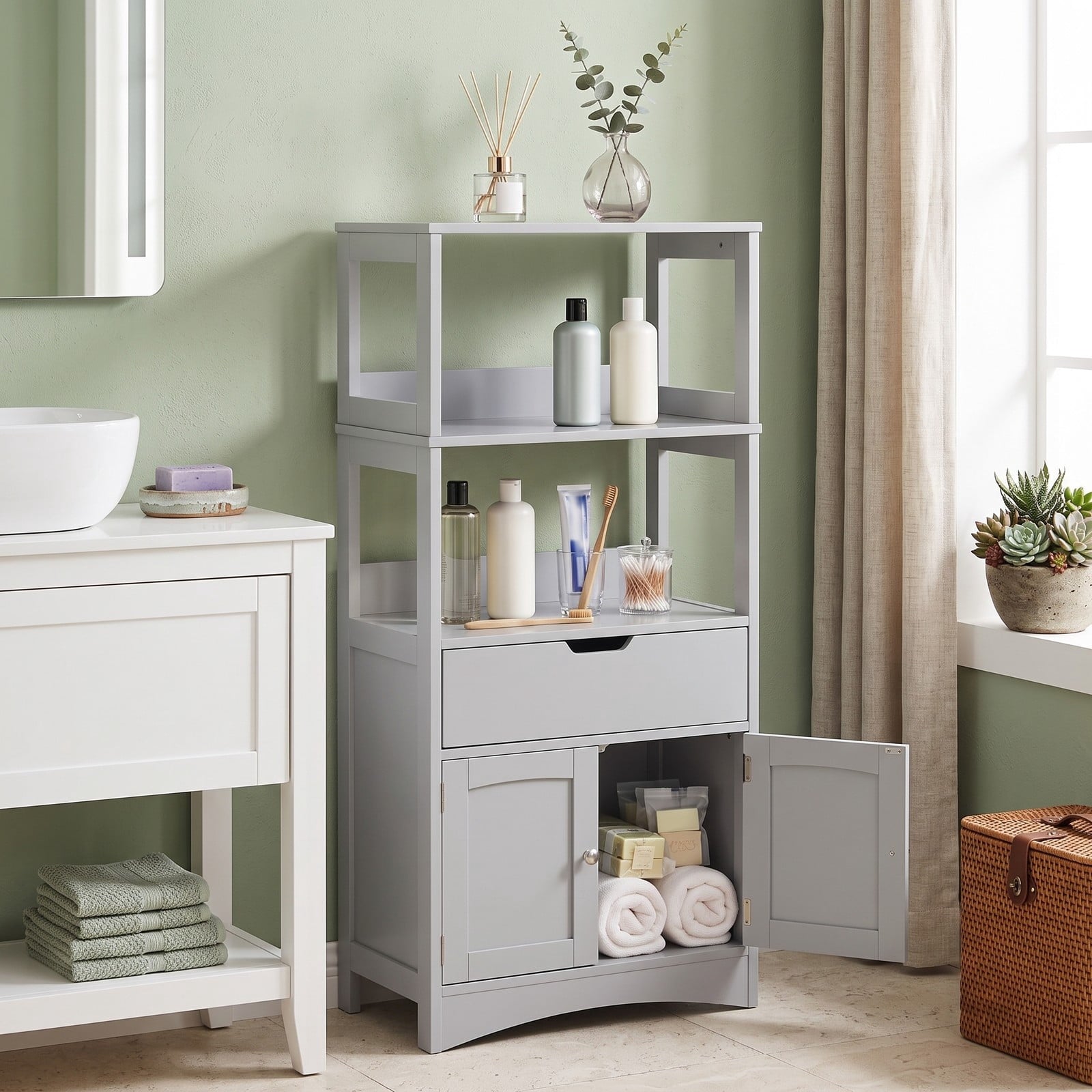 Fenbeli Bathroom Storage Cabinet, Freestanding Floor Cabinet with 3 Open Shelves, Pull-Out Drawer and 2 Doors, Anti-Toppling Wooden Organizer for Bathroom Kitchen, Gray