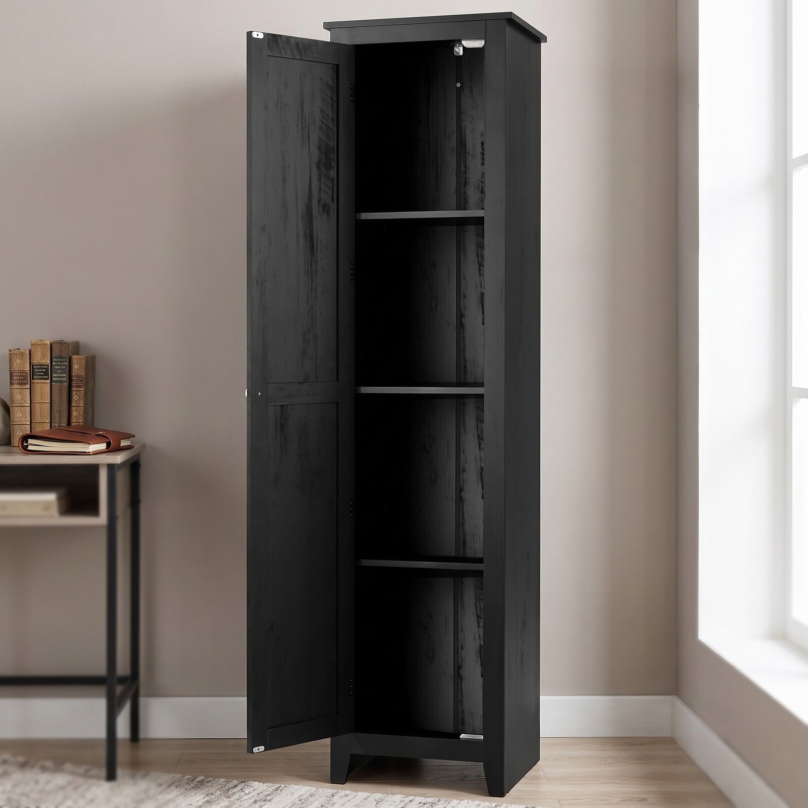 Fenbeli Linen Tower Bathroom Storage Cabinet, Tall Slim Freestanding Floor Organizer with 4 Shelves, Anti-Tip Side Storage Cabinet with Door and Magnetic, Black