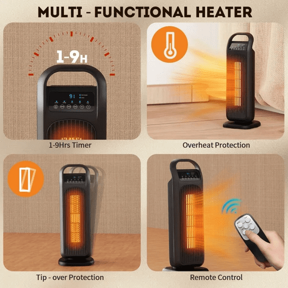 Fenbeli Space Heaters for Inside, Portable Electric Heater with Remote, 60 Oscillation, 1500W PTC Ceramic Fast Safety Heater with Thermostat, ECO Mode