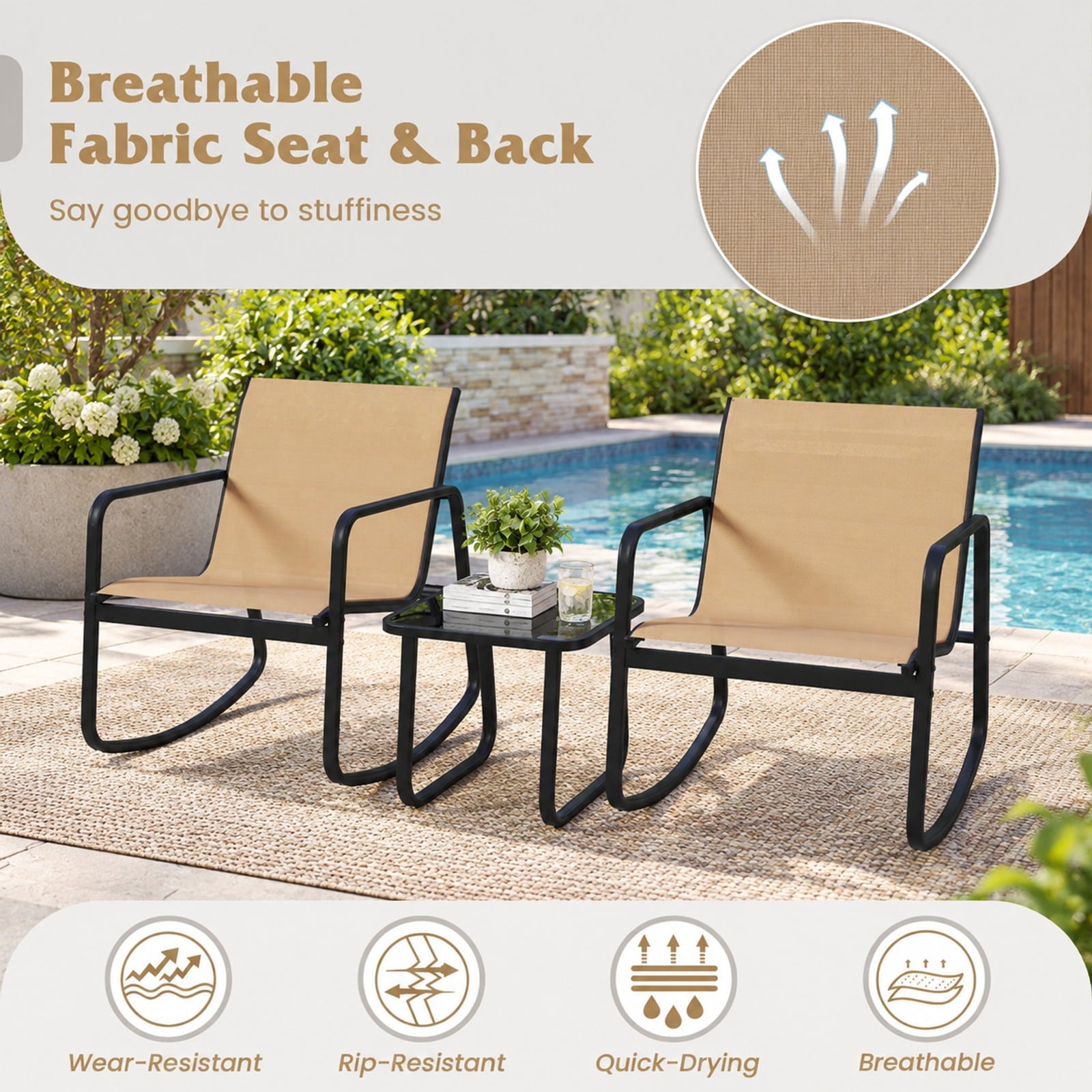 Fenbeli 2 Rocking Bistro Chairs and Glass-Top Table for Porch Yard Balcony, Rocking Chair 330 lbs Capacity, Metal Fabric Tempered Glass Frame, Brown