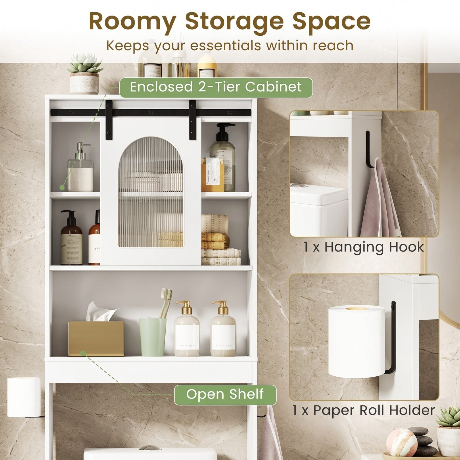 Fenbeli Over The Toilet Storage Cabinet with Sliding Barn Door and Open Shelves, Farmhouse Bathroom Space Saver Organizer Over Toilet Rack with Side Hooks, White