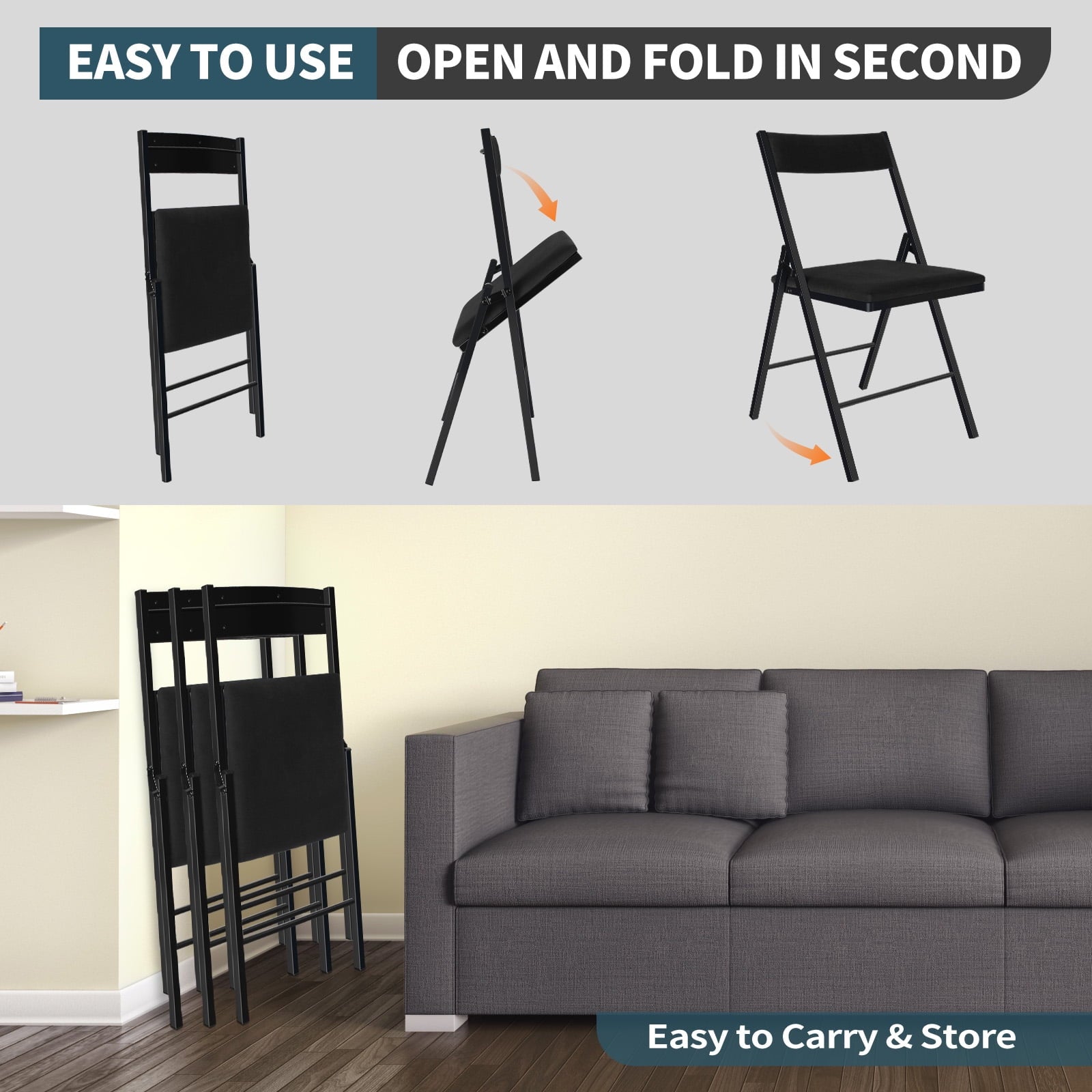 Fenbeli 4-Pack Black Padded Folding Chairs with Metal Frame