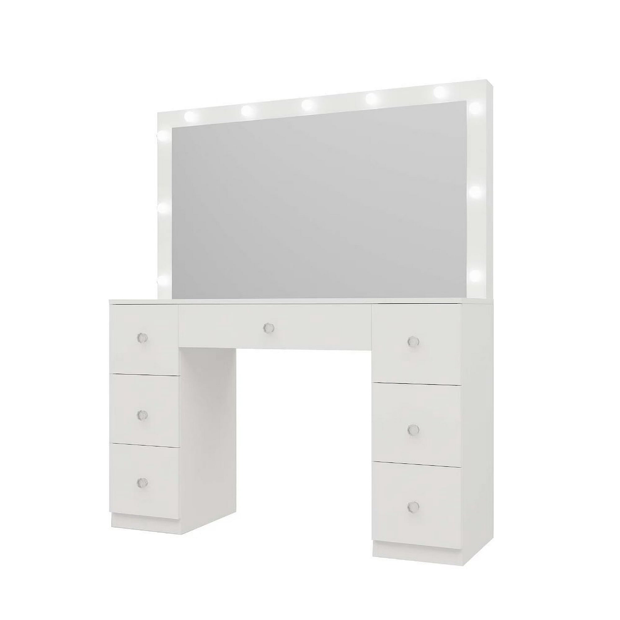 Fenbeli Vanity Desk with Mirror, LED Lights Makeup Vanity Table with 7 Drawers for Bedroom Dressing Room, White Finish