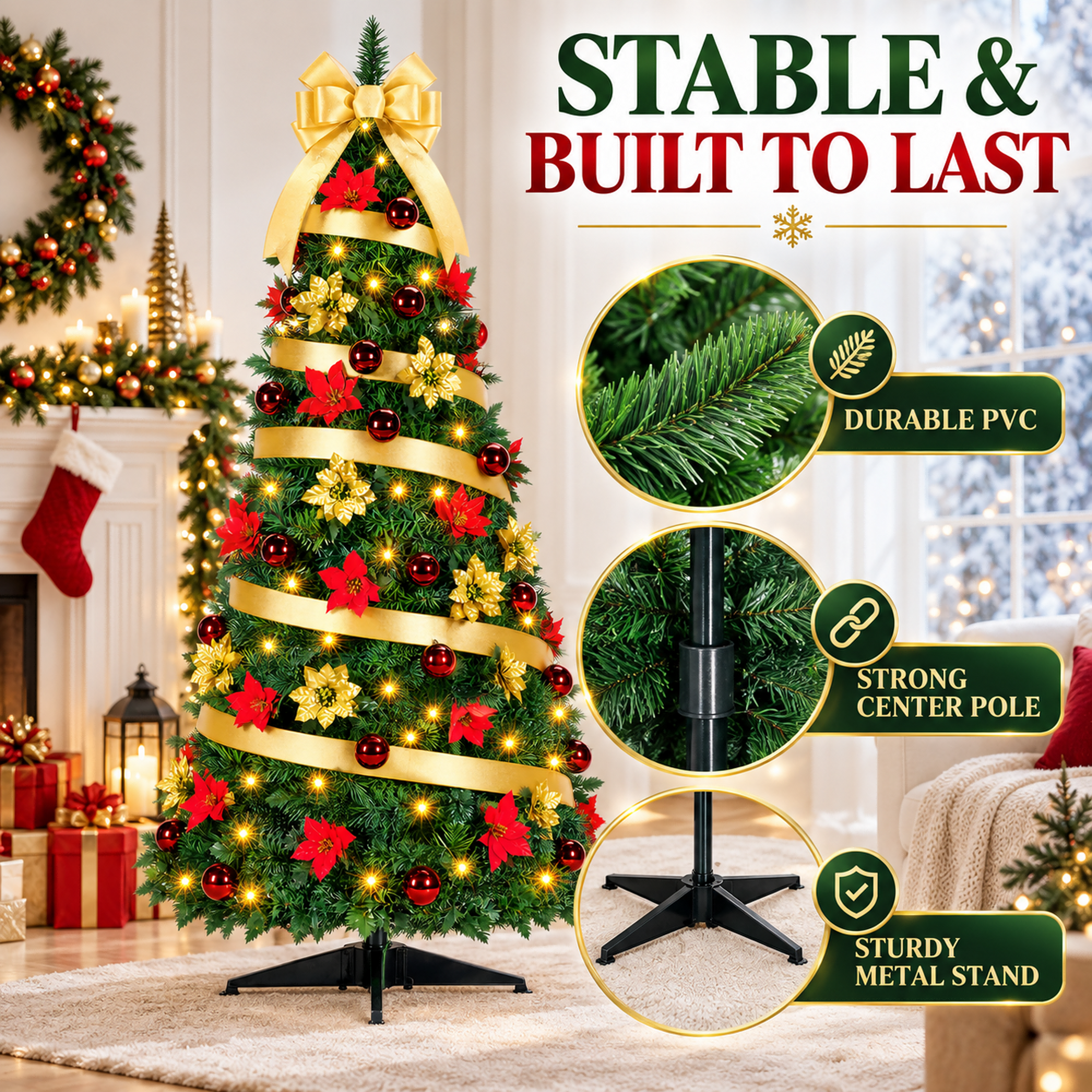Fenbeli 6ft Pop-Up Pre-Lit Pencil Christmas Tree, 200 LED Lights, 8 Modes, 50 Balls, 50 Flowers, Gold Bow for Holiday Party Decor