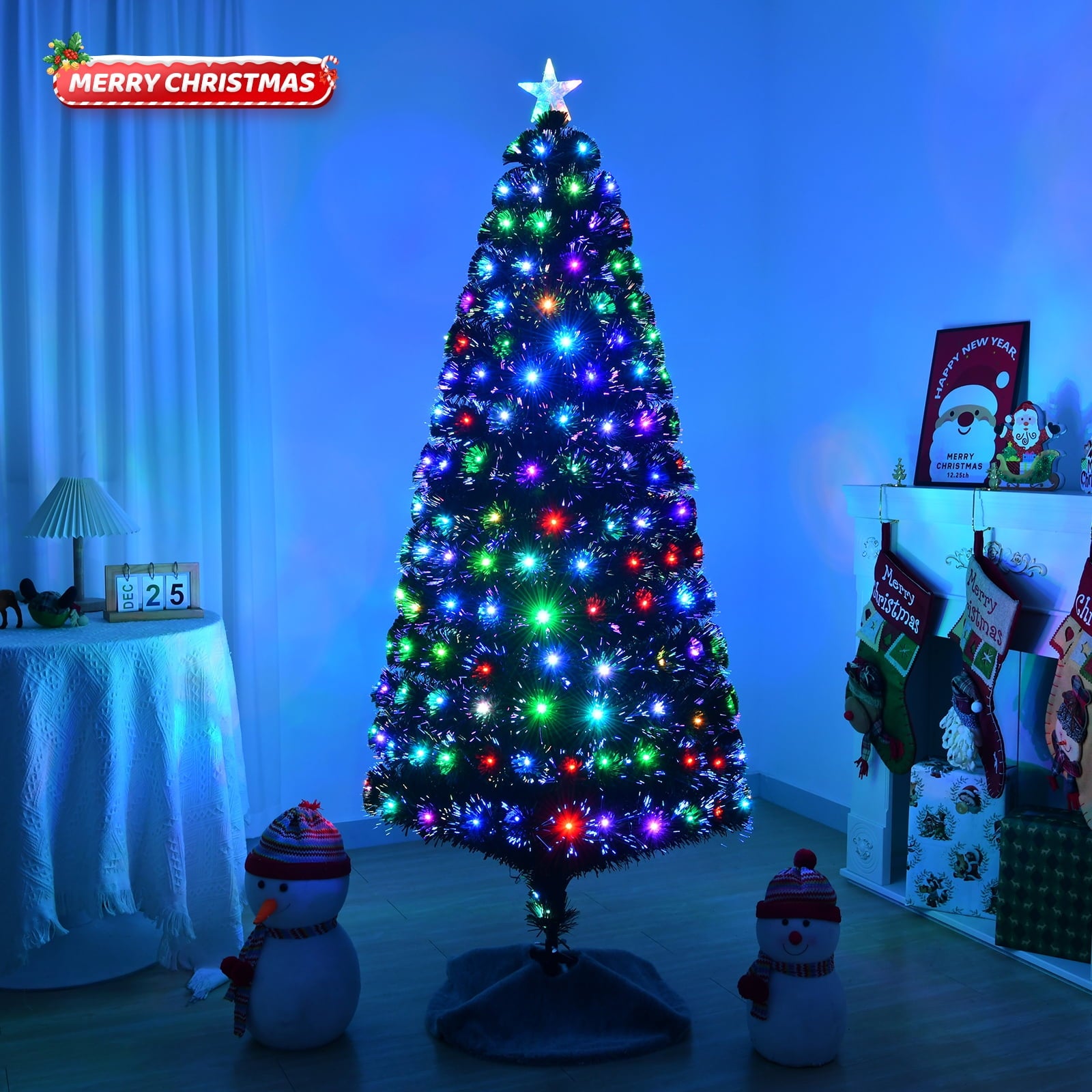 Fenbeli 7ft Pre-Lit Fiber Optic Artificial Christmas Tree, Xmas Tree w/285 Colorful LED Lights, 280 Branch Tips
