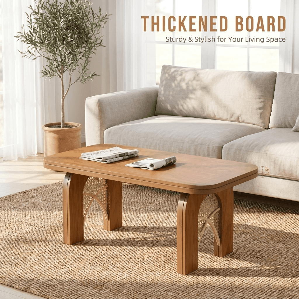 Furnibear Boho Coffee Table for Living Room with Woven Cane and Arched Wood Legs for Living Room,Brown