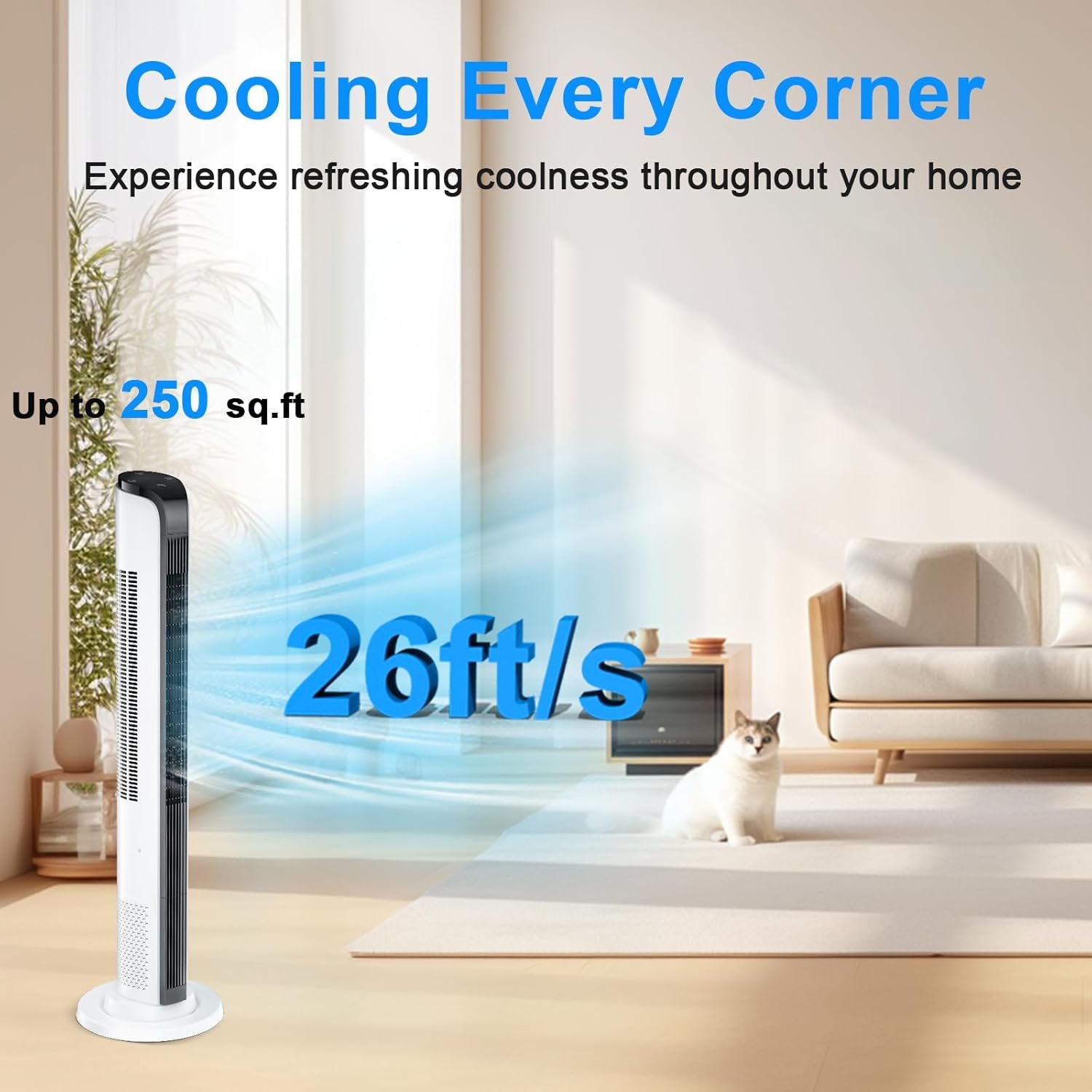 43in Tower Fan for Home, 12H Timer Standing Fan with Remote, 75¡ã Oscillating Cooling Fan with 3 Wind Modes and 3 Wind Speeds, White