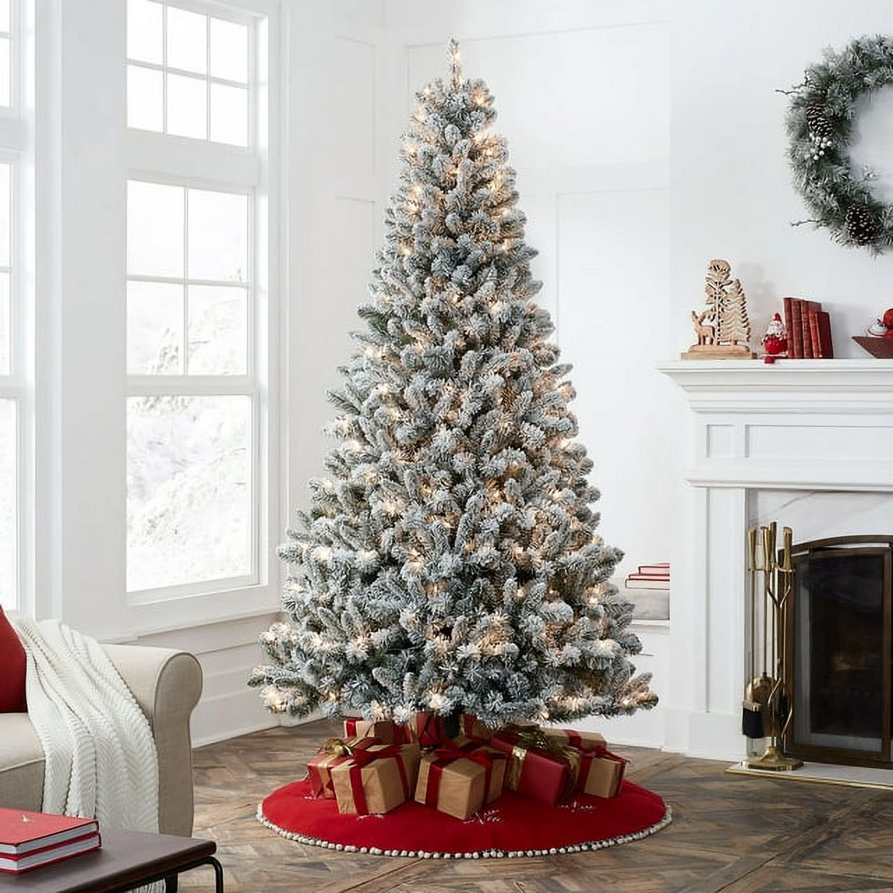 Fenbeli 7.5 ft Pre-Lit Flocked Frisco Pine Artificial Christmas Tree, 350 LED, Green