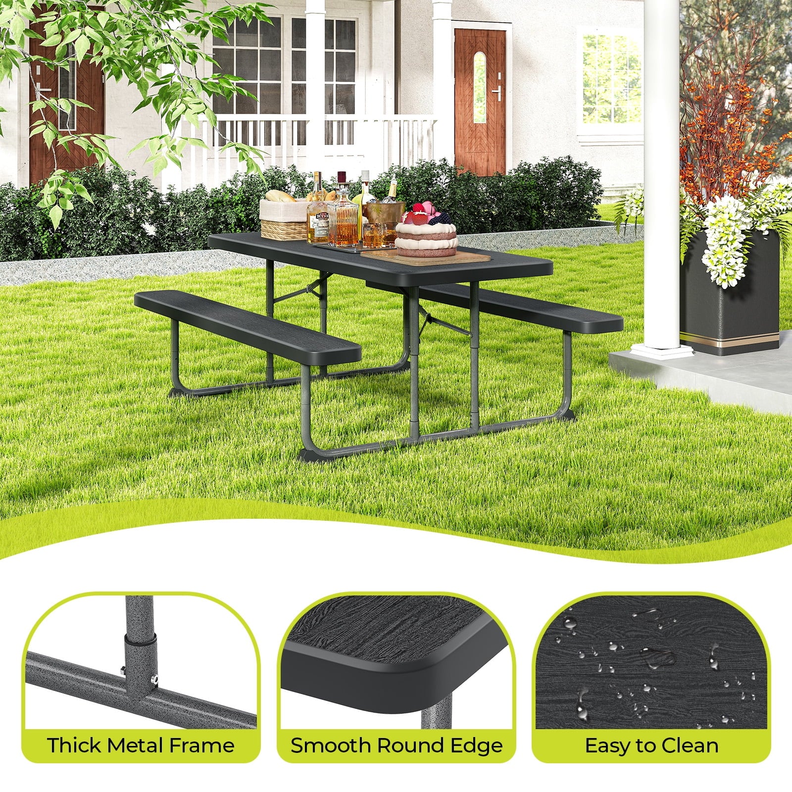 Fenbeli 6ft Outdoor Picnic Table with Benches Folding Picnic Table Set for Camping, BBQ, and Patio Use, Black