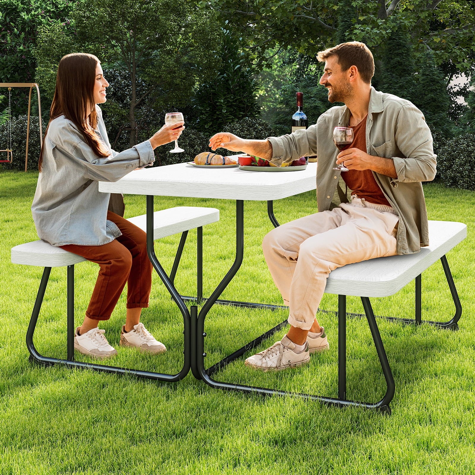 Fenbeli Outdoor Picnic Table with Bench Set for BBQ, Camping, Patio, White