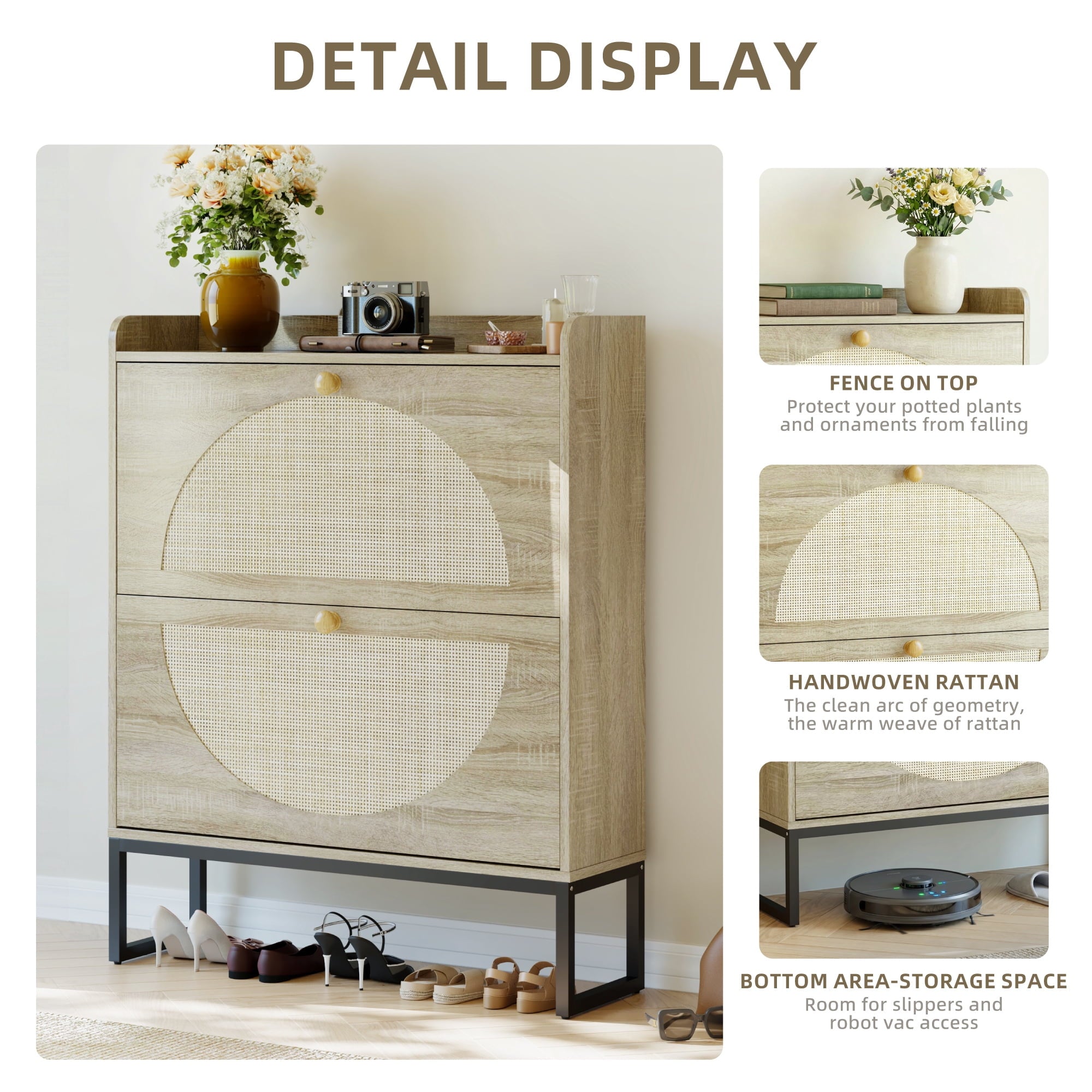 Furnibear Shoe Cabinet with Rattan Doors and Adjustable Shelves for Entryway Shoe Storage, Natural Wood