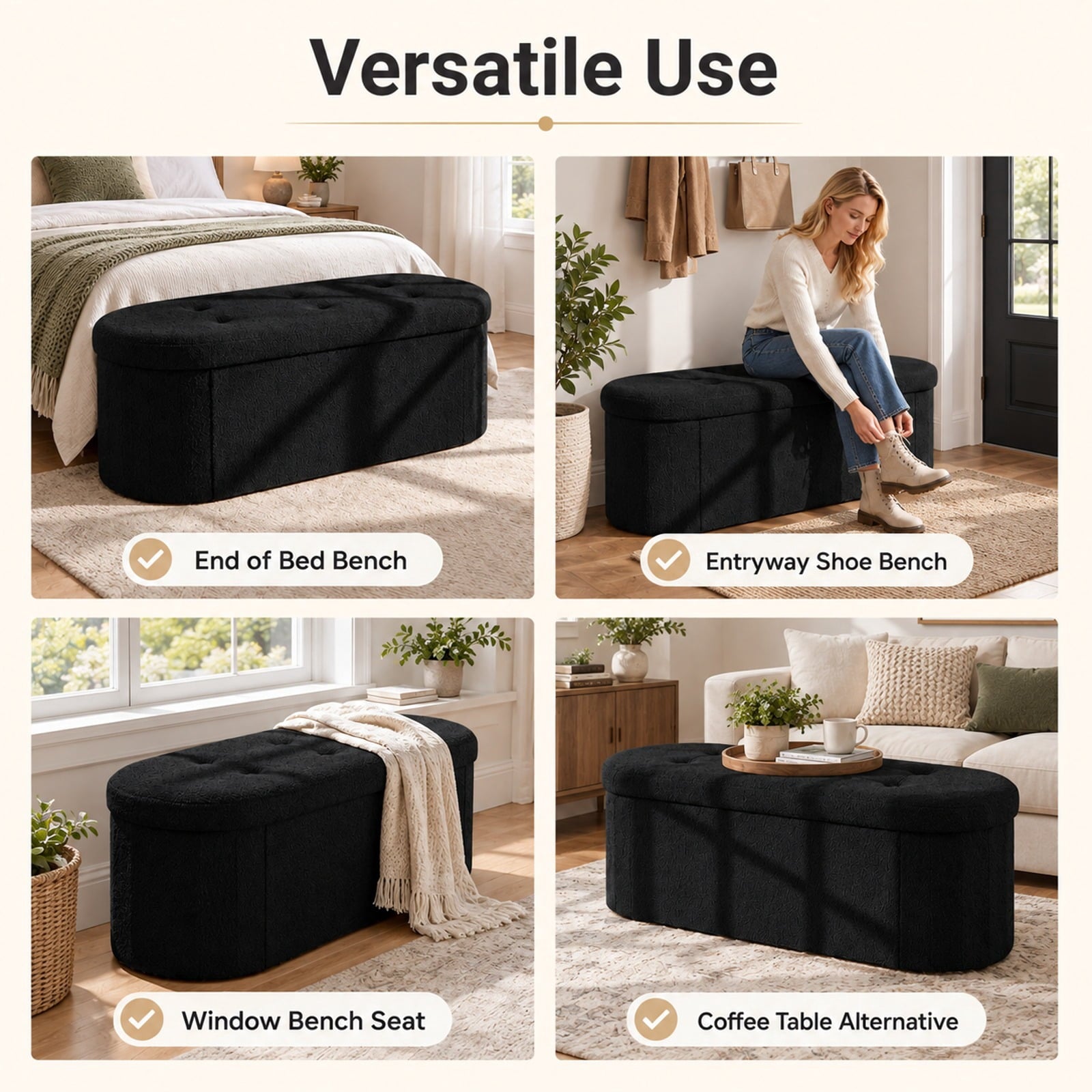 Fenbeli 43 Folding Teddy Storage Ottoman Bench with Dividers for Living Room and Bedroom, 43 x 15 x 16Inner Footprint, Black
