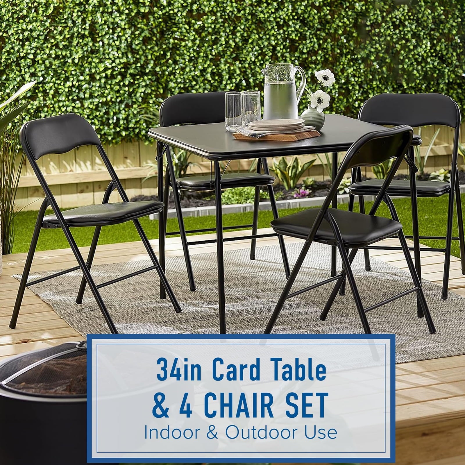 Fenbeli 5-Piece Folding Dining Set with Card Table and 4 Vinyl Padded Chairs, Black
