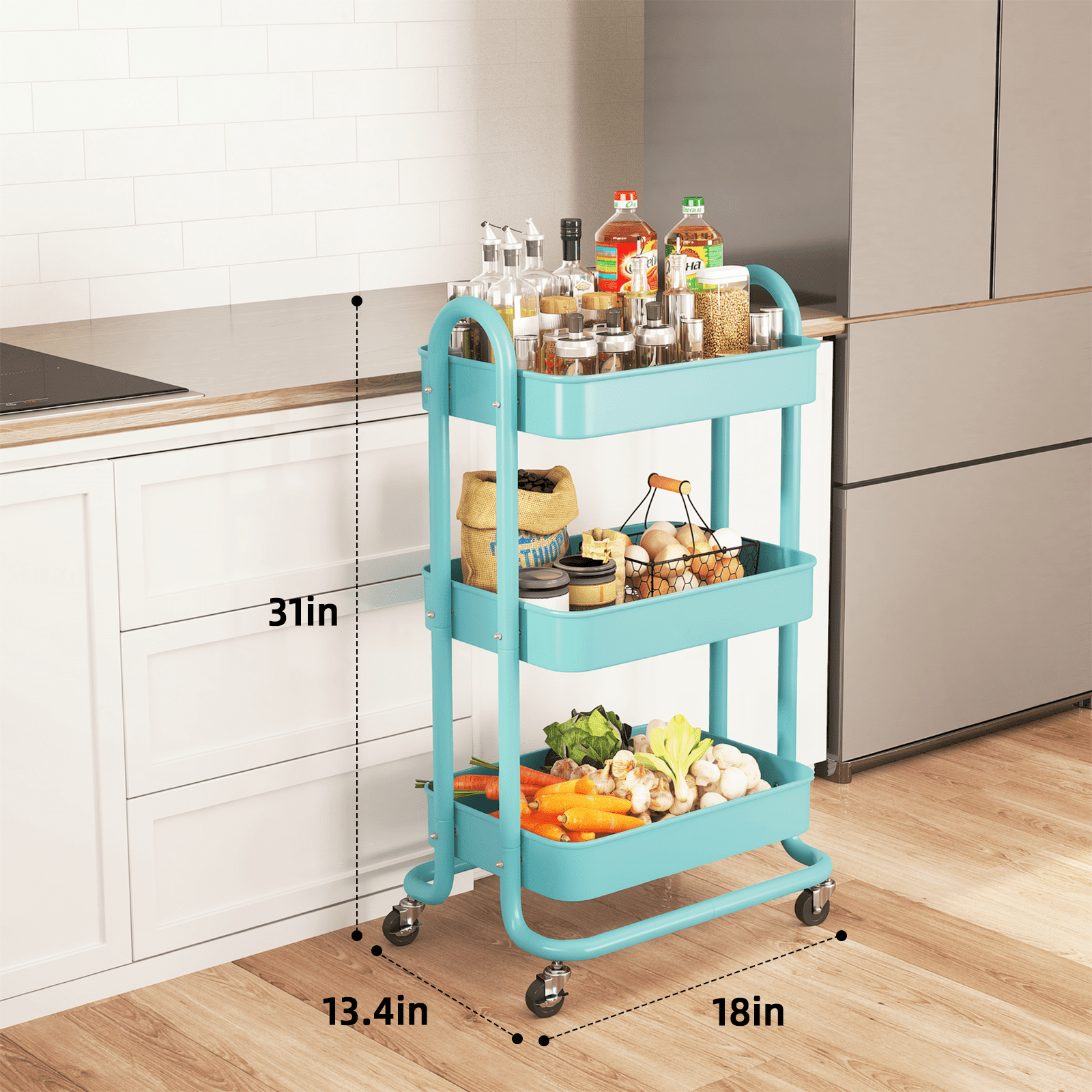 Fenbeli 3-Tier Metal Rolling Utility Cart with Wheels, blue, 18L x 13.4W x 31H