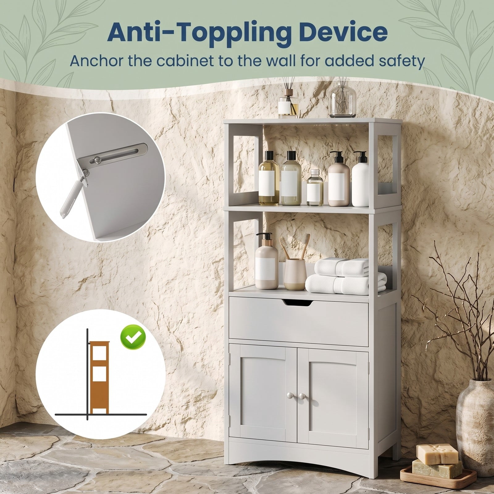 Fenbeli Bathroom Storage Cabinet, Freestanding Floor Cabinet with 3 Open Shelves, Pull-Out Drawer and 2 Doors, Anti-Toppling Wooden Organizer for Bathroom Kitchen, Gray