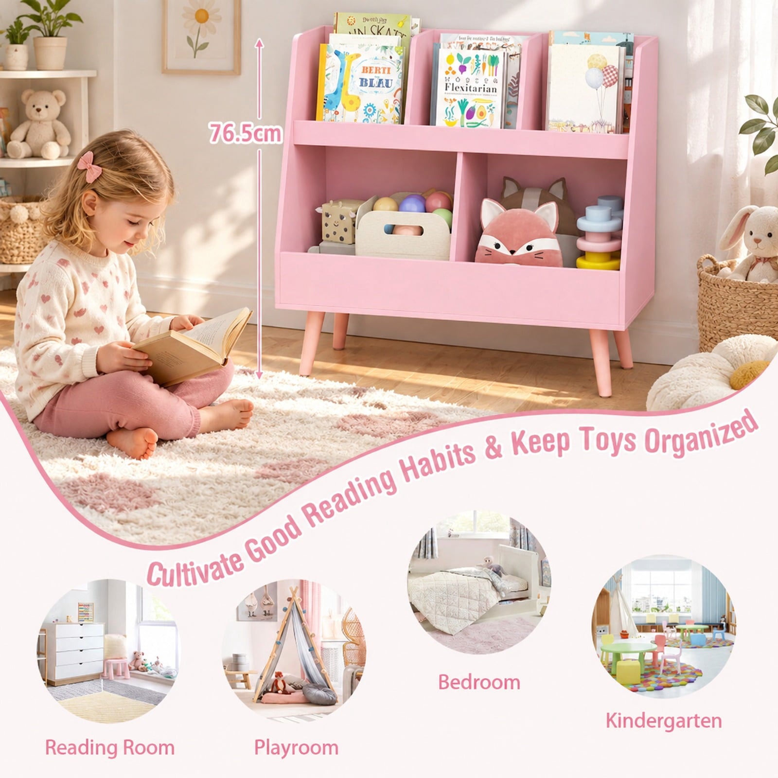 Fenbeli 5-Cube Kids Bookshelf and Toy Organizer with Anti-Tipping Kits, 68 lbs Capacity, MDF Solid Wood Frame, Pink