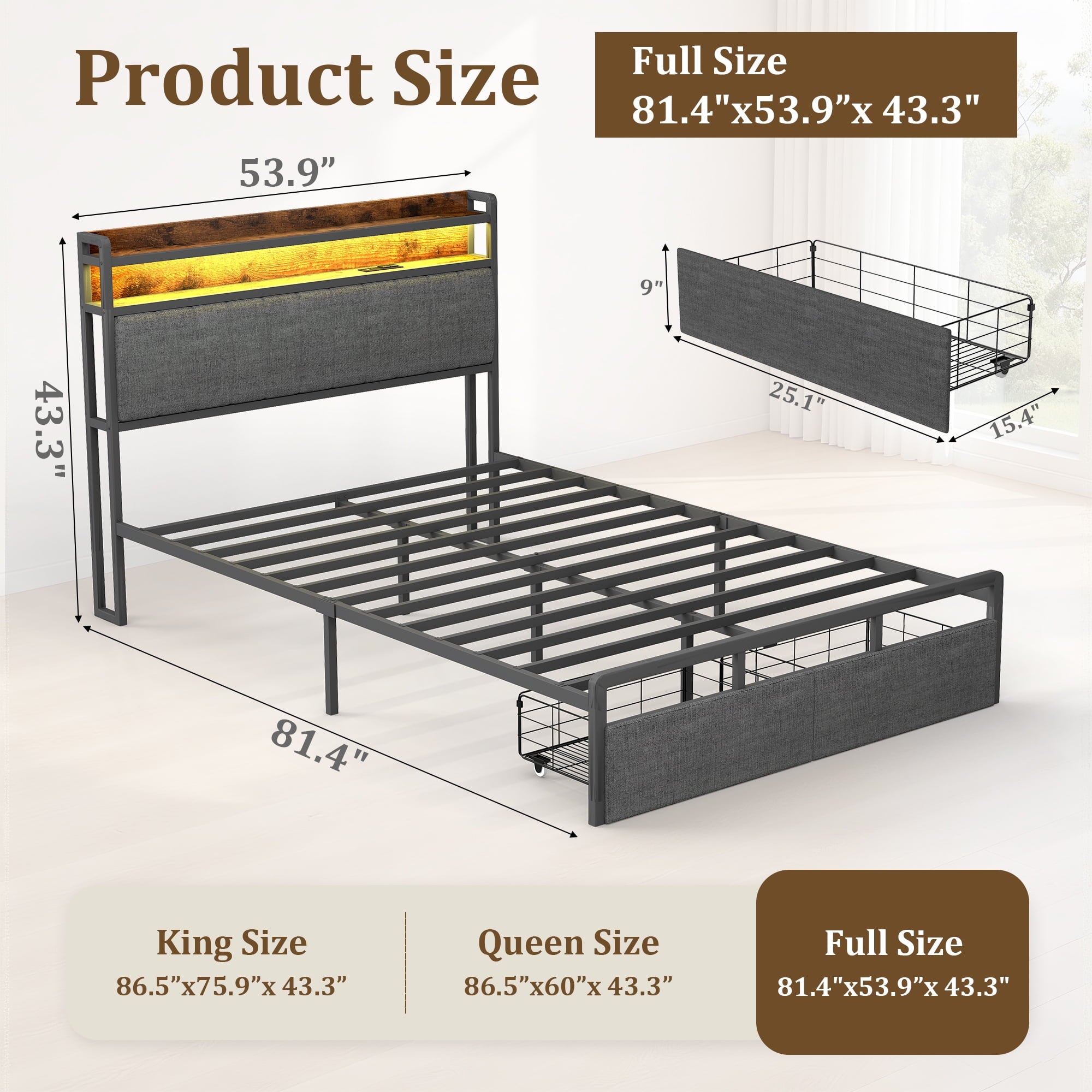 Furnibear LED Full Bed Frame with Upholstered Storage Headboard and Drawers, LED Platform Bed with Charging Station, No Box Spring Needed