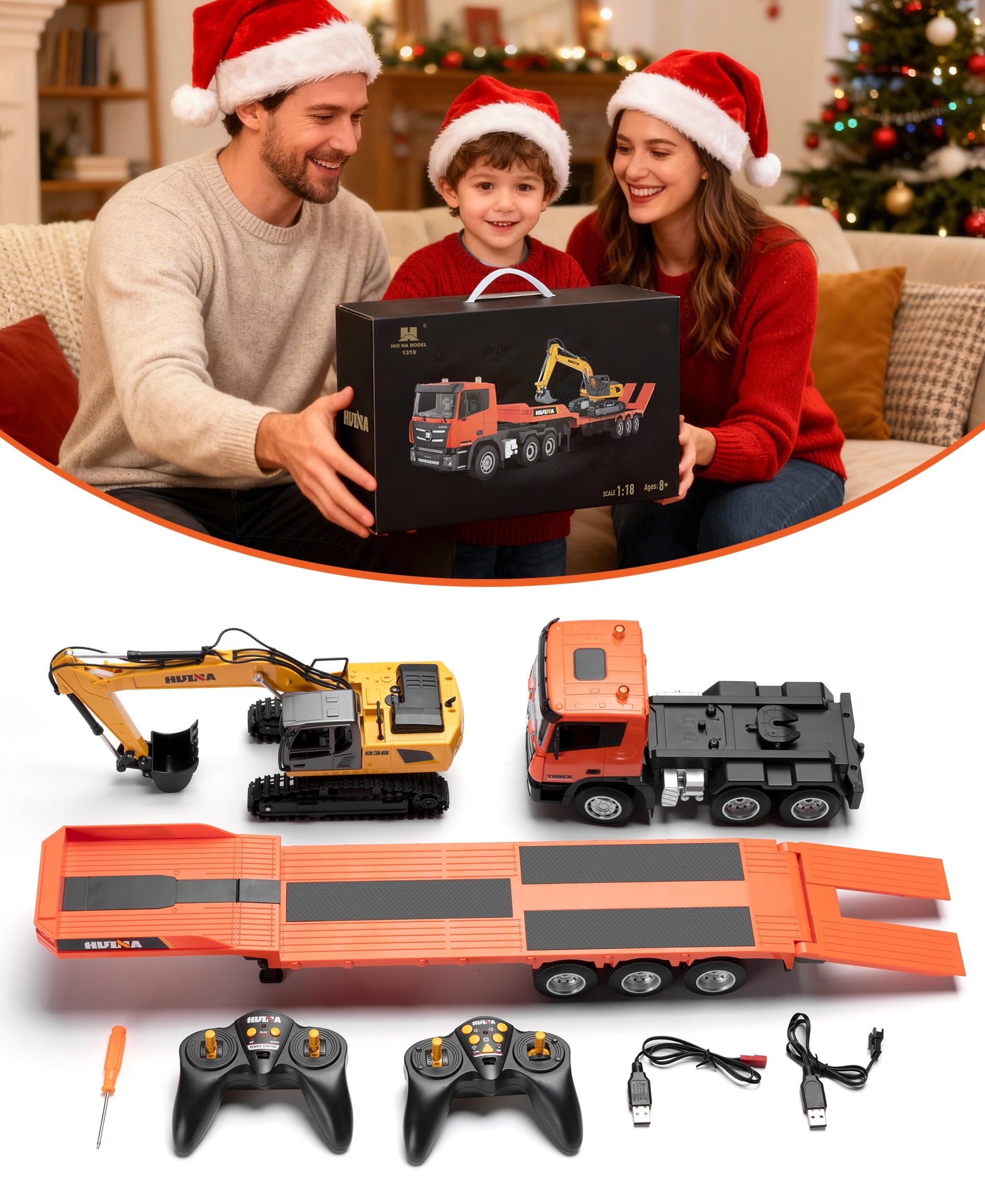 Fenbeli 1:18 RC Flatbed Truck and Excavator Toy Set, 2.4GHz 9-Channel Remote Control Construction Vehicles with Lights Sounds, 32.9 Semi-Trailer with 680¡ã Rotating Digger, Gift for Boys 8-12, Orange
