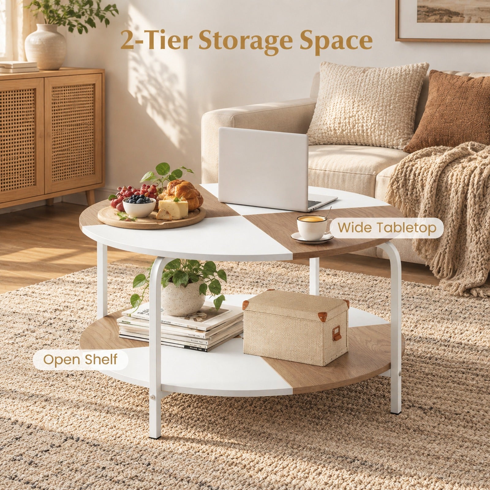Fenbeli 2-Tier Round Coffee Table Metal Frame with Storage Shelf-Natural and White, 220 lbs Capacity, Engineered Wood Metal Frame, Coffee