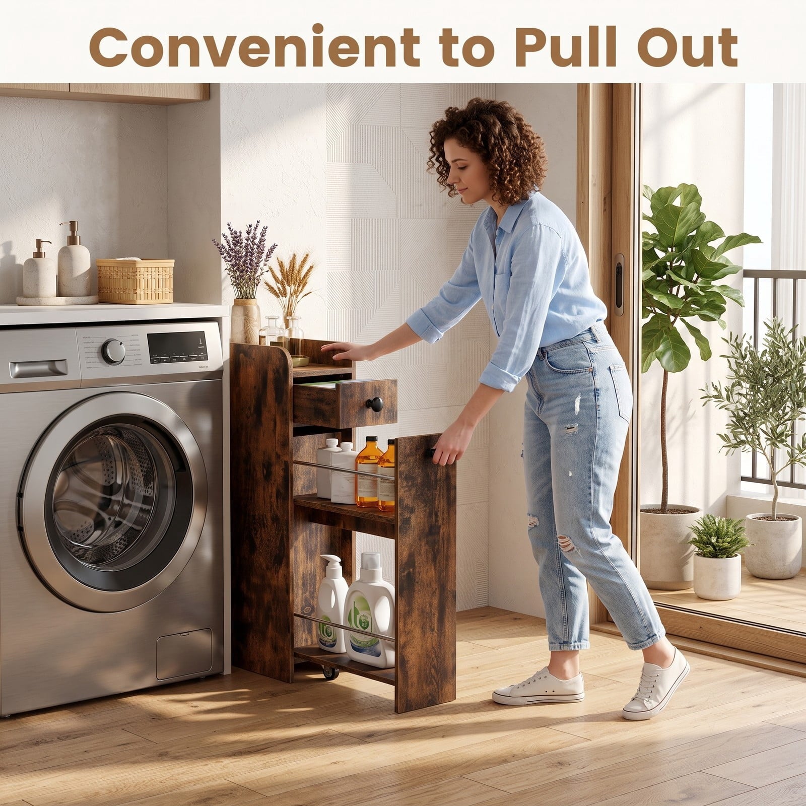 Fenbeli Small Bathroom Storage Cabinet, 4-Tier Narrow Slim Rolling Organizer with 3 Slide Out Drawers on Casters, Freestanding Storage Tower for Bathroom, Brown